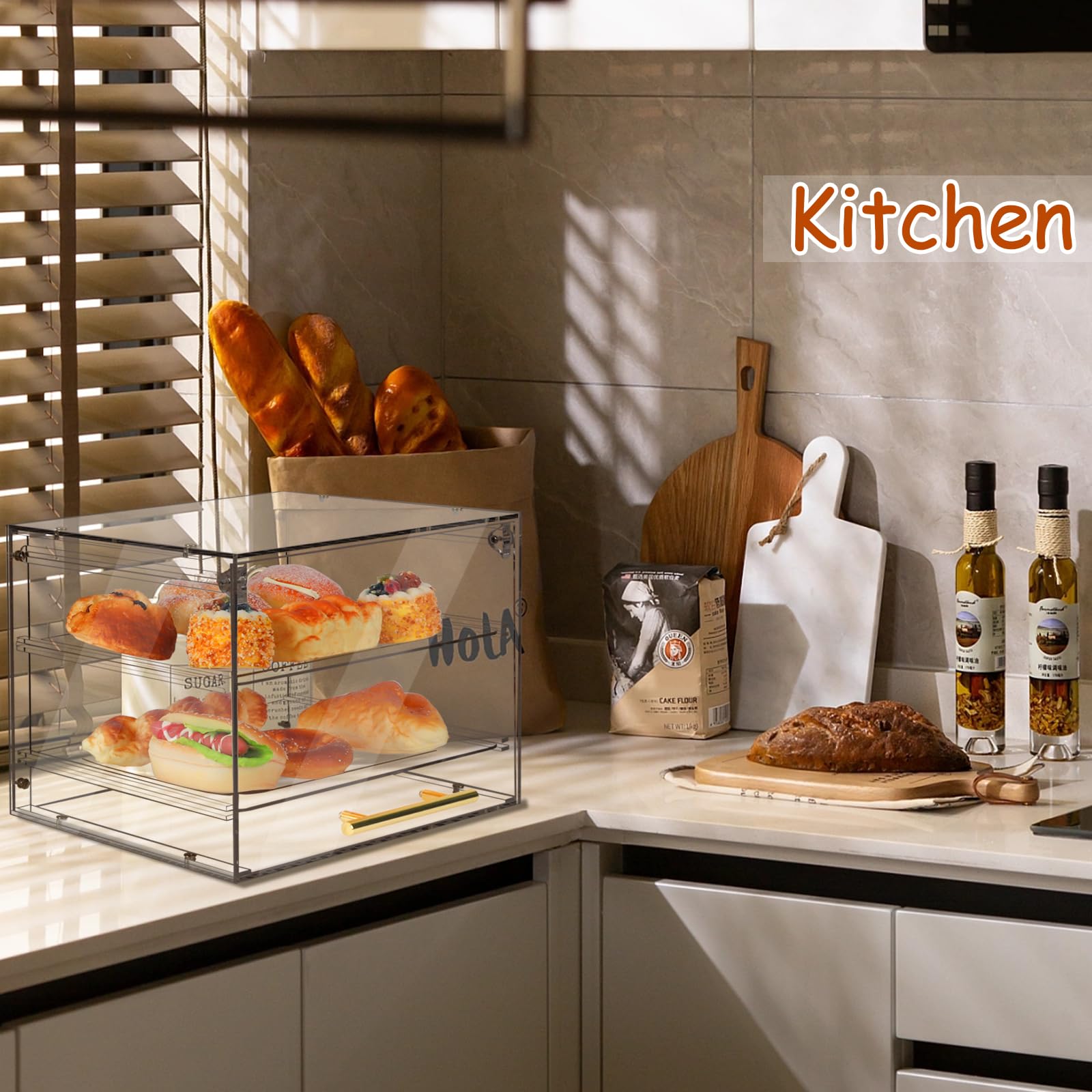 2-Tier Acrylic Bread Display Case with Front Door - Large Pastry & Cake Showcase for Bakery, Donuts, Sourdough Bread - Perfect for Countertop Display in Bakeries, Cafes, and Home Kitchens