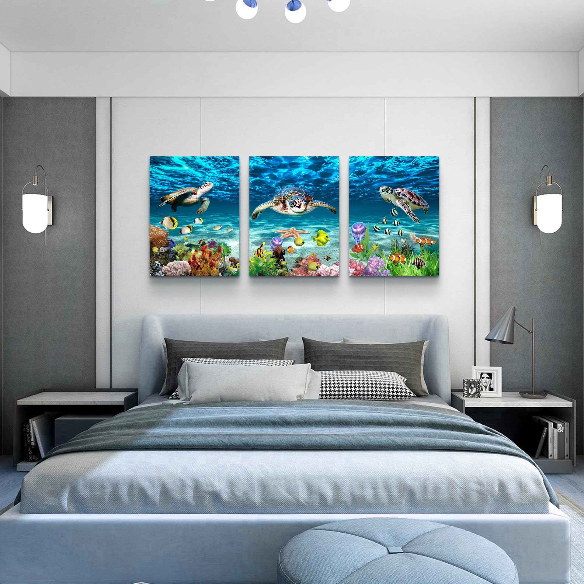 Lapremoly Canvas Wall Art - 3 Piece Ocean Sea Turtle Scenery Paintings for Bedroom, Living Room, Bathroom & Office Decor | Modern Ready-to-Hang Wall Decor for Home & Family | Perfect for Coastal, Beach House & Nature-Themed Interior Design