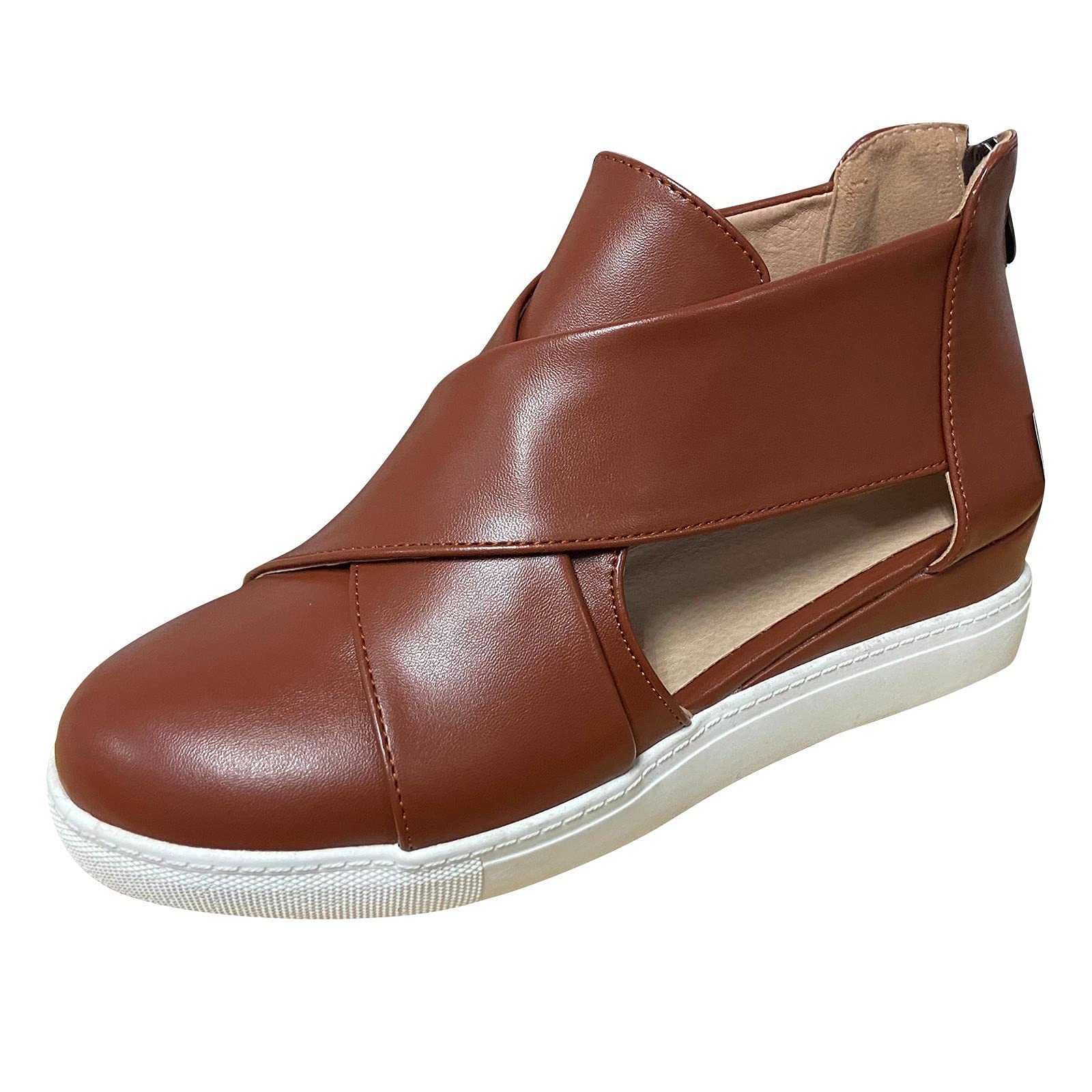 Women's Casual Wedge Booties with Ankle Strap & Zipper - Round Toe Hollow Design - Size 9 - Perfect for Office, Dating & Night Out