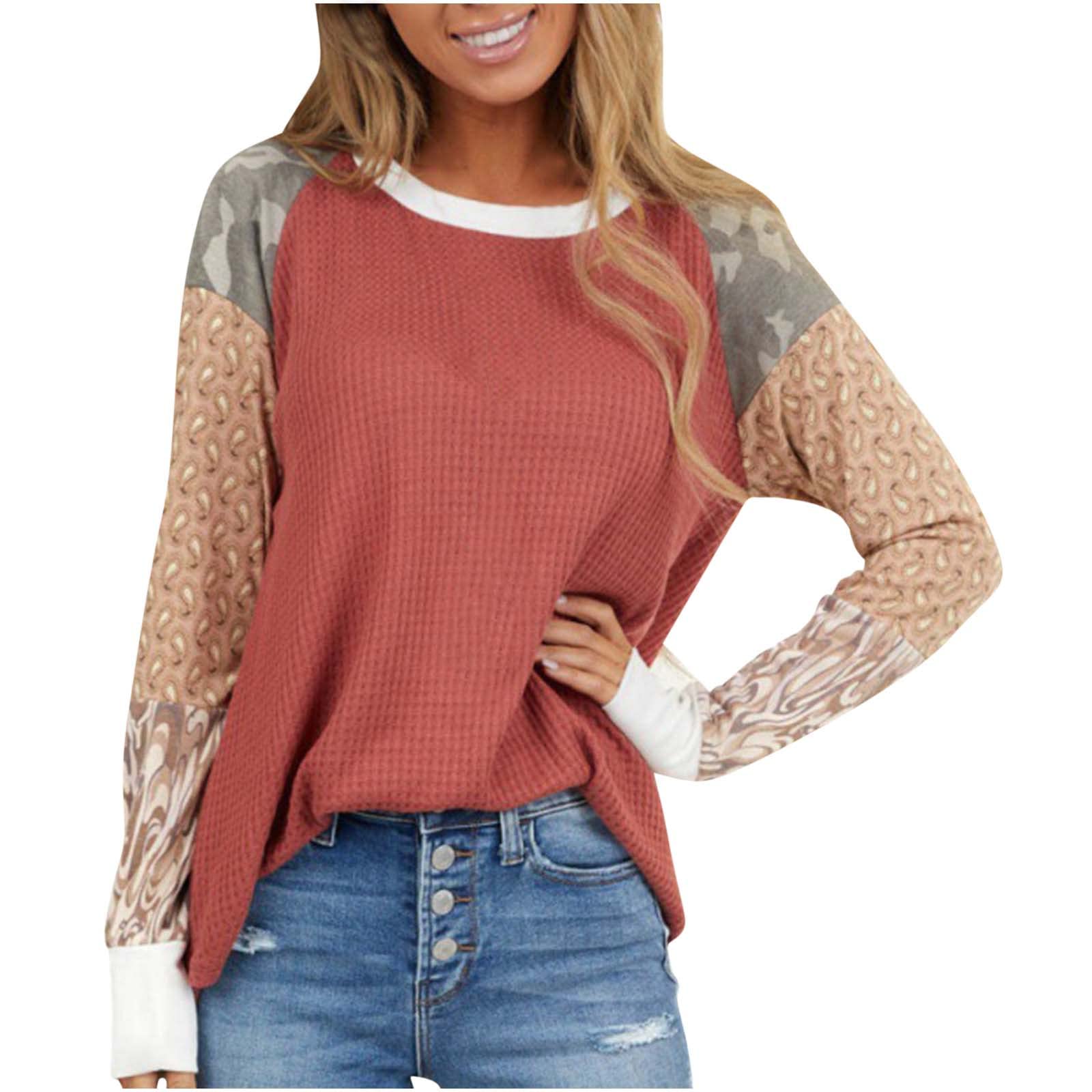 Women's Waffle Print Long Sleeve Crewneck Pullover Sweatshirt - Soft Patchwork Blouse for Fall & Winter - Casual Comfort for Work, Travel & Weekend Outfits
