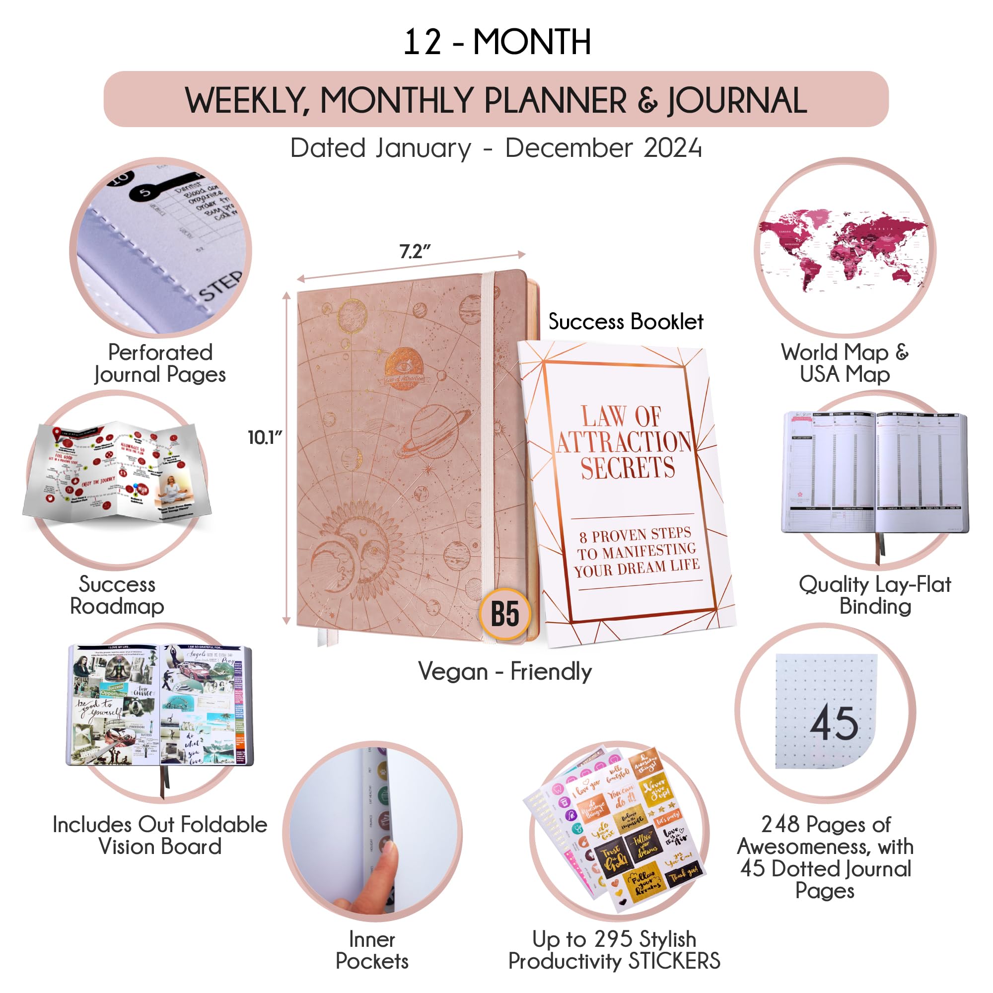 Law of Attraction Planner 2025 - Hourly Weekly Monthly Goal Setting Journal with Foldable Vision Board | 12-Month Productivity Planner for Success, Gratitude & Manifestation | Perfect for Goal Tracking, Self-Improvement & Daily Organization - Includes Gift Box & Stickers