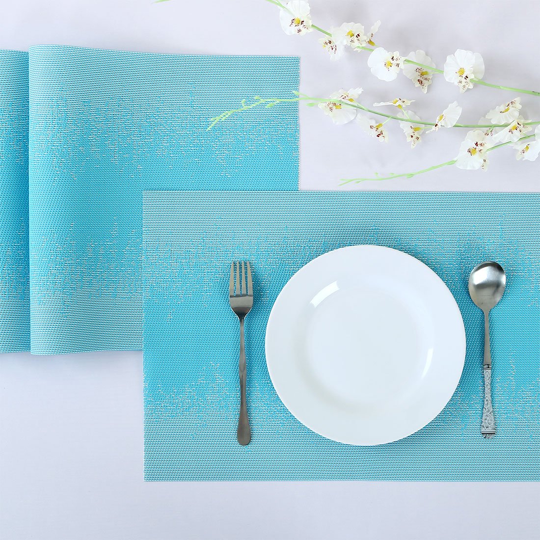 uxcell Set of 4 Heat-Resistant Woven Placemats - Non-Slip Washable PVC Square Table Mats for Kitchen & Dining - Holiday Blue Home Decor | Perfect for Everyday Meals, Dinner Parties & Holiday Gatherings