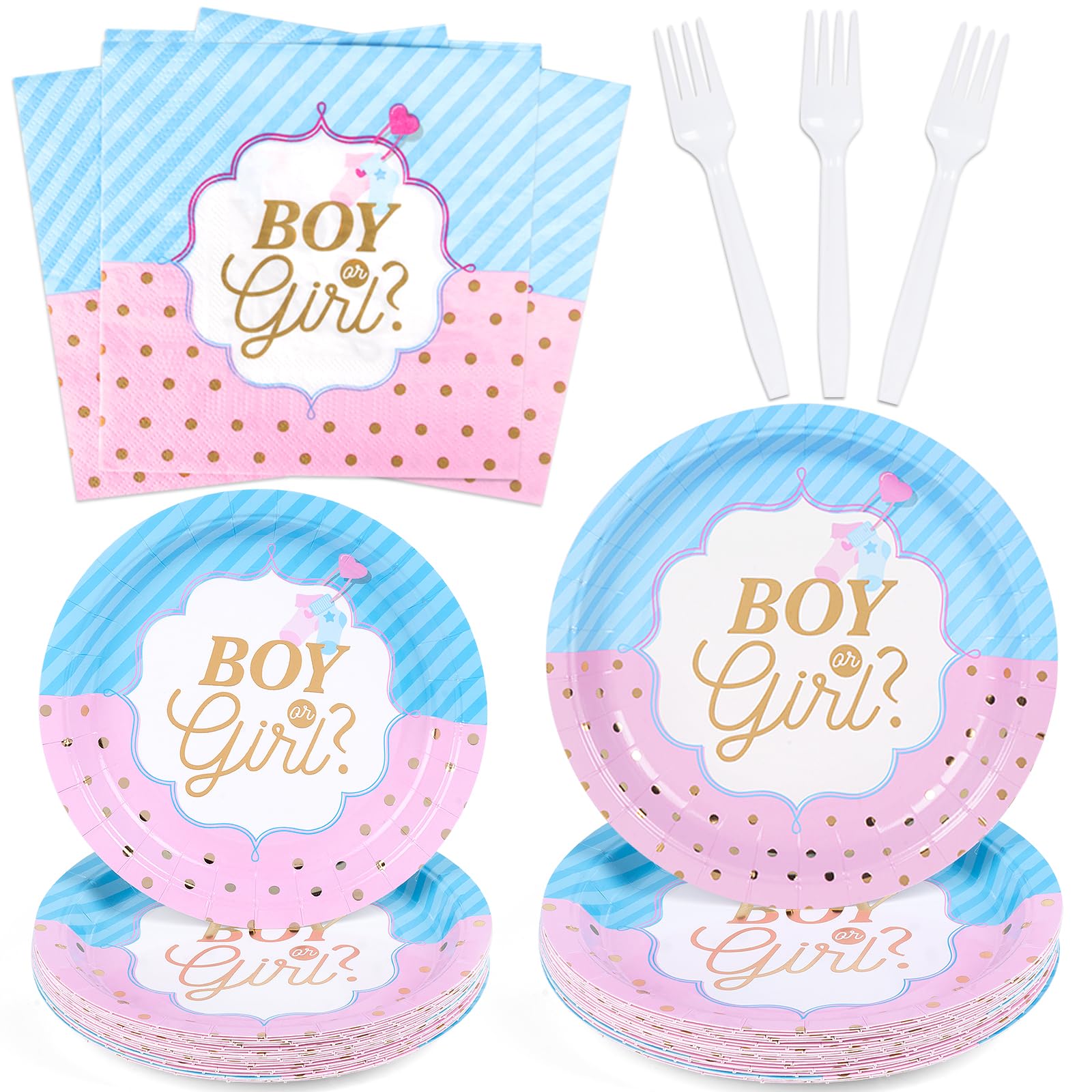 DECORLIFE Gender Reveal Party Plates Set for 24 Guests - Includes 96PCS of Plates, Napkins & Forks - Perfect for Baby Shower, Gender Reveal Celebrations & Special Occasions - Blue & Pink Theme Party Supplies