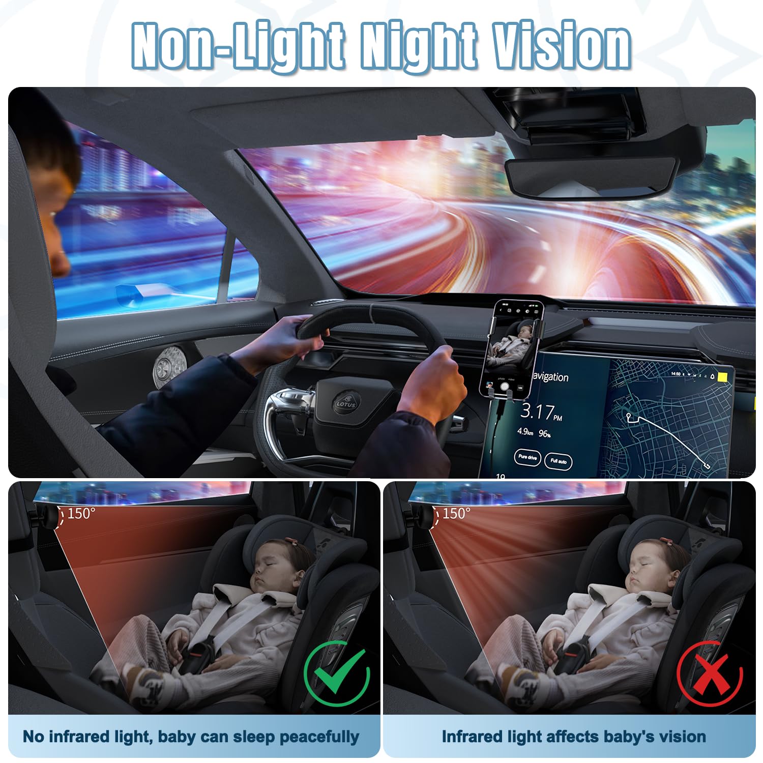 CIMELR HD 1080P Baby Car Camera with Night Vision - 360° Rotatable Rear View Mirror Monitor for iPhone - Easy Installation for Safe Driving & Baby Monitoring in Car