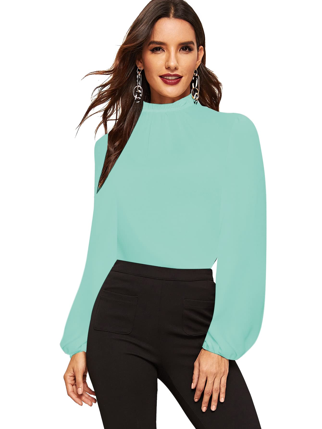 Romwe Women's Elegant Solid Stand Collar Long Sleeve Blouse - Professional Workwear Top for Office, Business Meetings & Formal Occasions