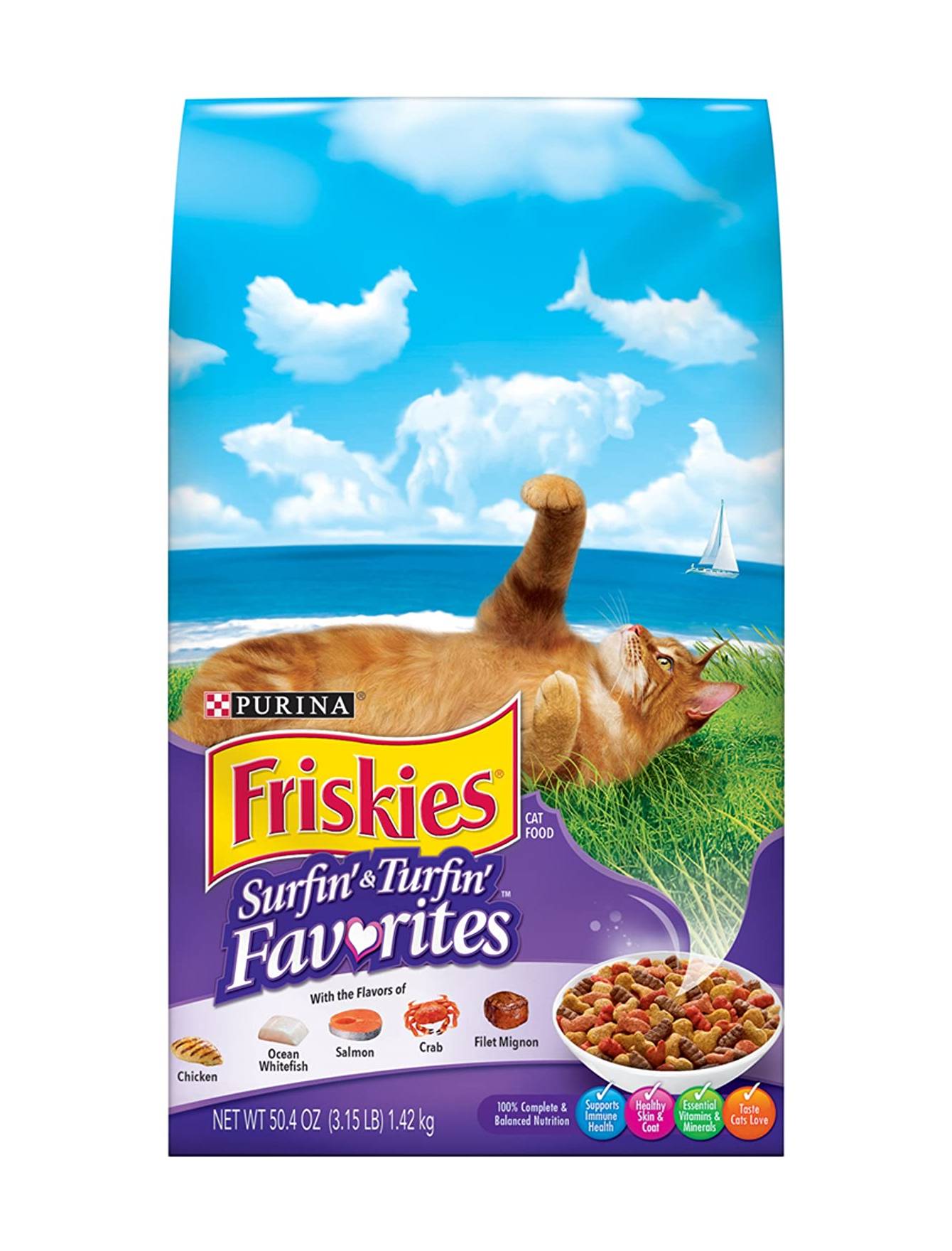 Friskies Dry Surfin & Turfin Cat Food 1.2kg (2.65lb) - Ocean Fish & Turkey Flavor - High Protein Kibble for Adult Cats - Indoor & Outdoor Cat Nutrition - Perfect for Daily Meals & Treats