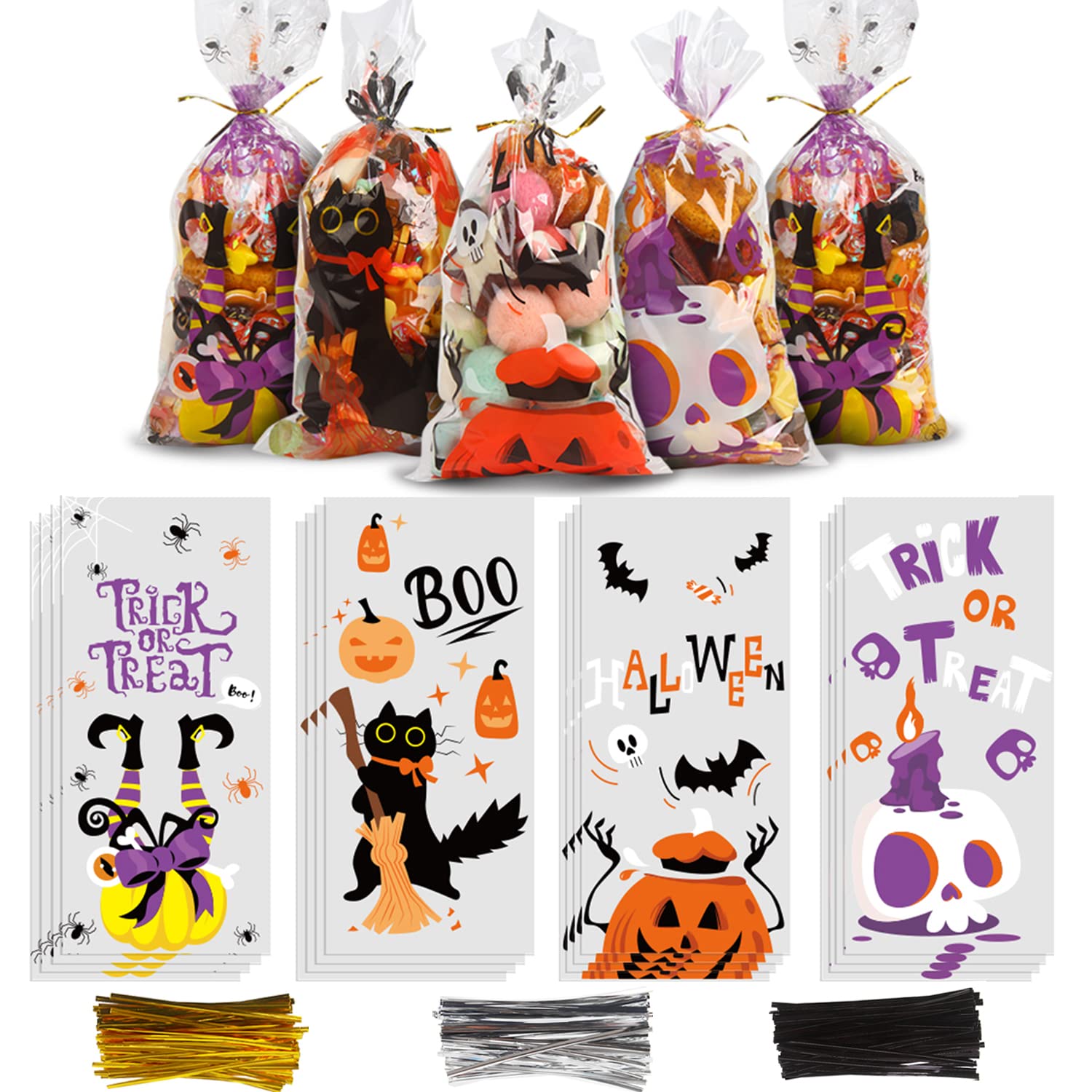FOIMAS Halloween Cellophane Treat Bags - 120pcs Orange & Black Candy Bags with Twist Ties for Trick or Treat, Halloween Party Favors, Classroom Treats & Goodie Bags - Perfect for Halloween Decorations, School Events & Candy Distribution