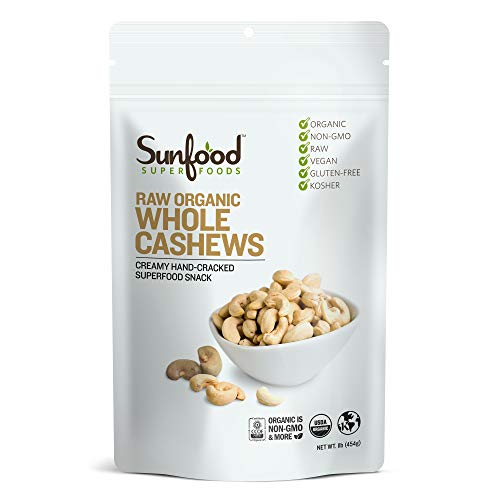 Organic Raw Whole Cashews by Sunfood Superfoods - 1 lb Bulk Bag | Creamy, Nutrient-Rich Snack for Healthy Eating, Baking & Trail Mixes | USDA Certified, Vegan & Keto-Friendly