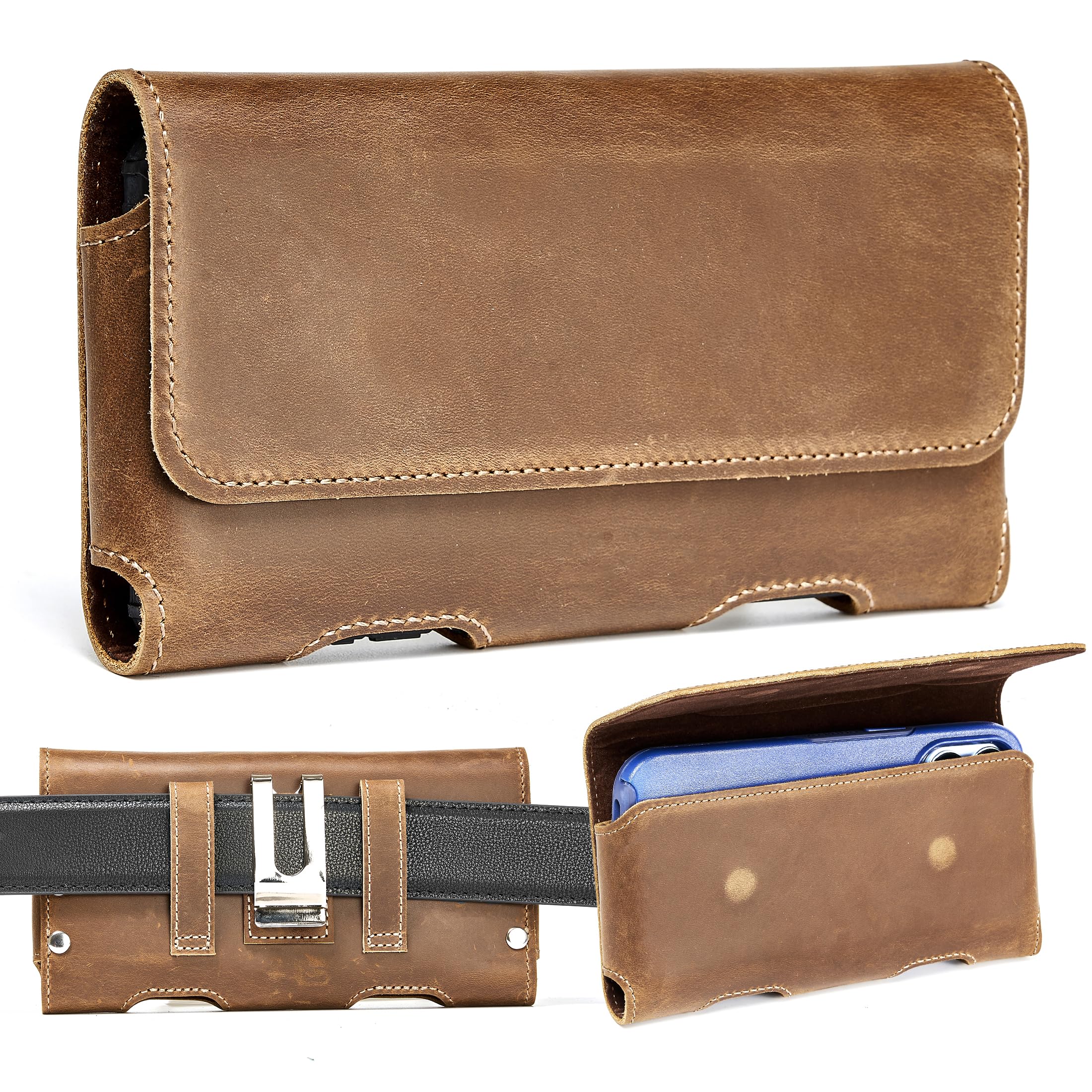 Premium Genuine Cowhide Leather Phone Holster for Samsung Galaxy S24 Ultra/S23 Ultra/Note20 Ultra - Universal XL Belt Clip Pouch Fits 6.5
