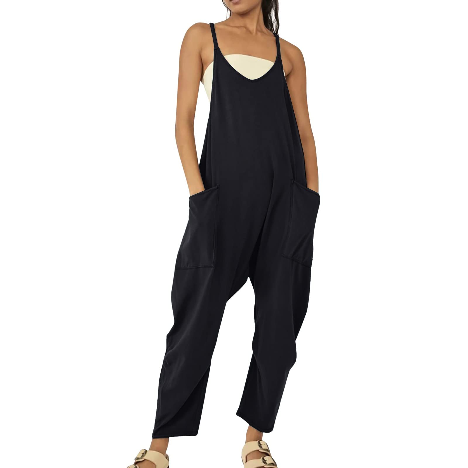 Women's Casual Summer Jumpsuits - Sleeveless Loose Romper with Spaghetti Straps & Pockets | Baggy Overalls for Beach, Travel & Everyday Wear 2024