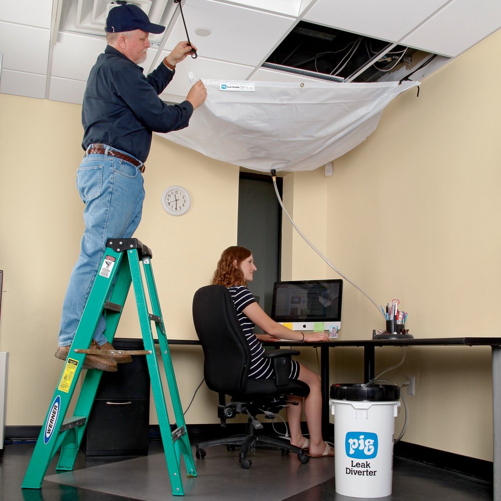 New Pig Roof Leak Diverter Bucket Kit - Emergency Roof Leak Repair Solution with Absorbent Pads & Reusable Diverter | 5' x 5' TLS667-TR | Ideal for Home, Office & Warehouse Water Damage Protection