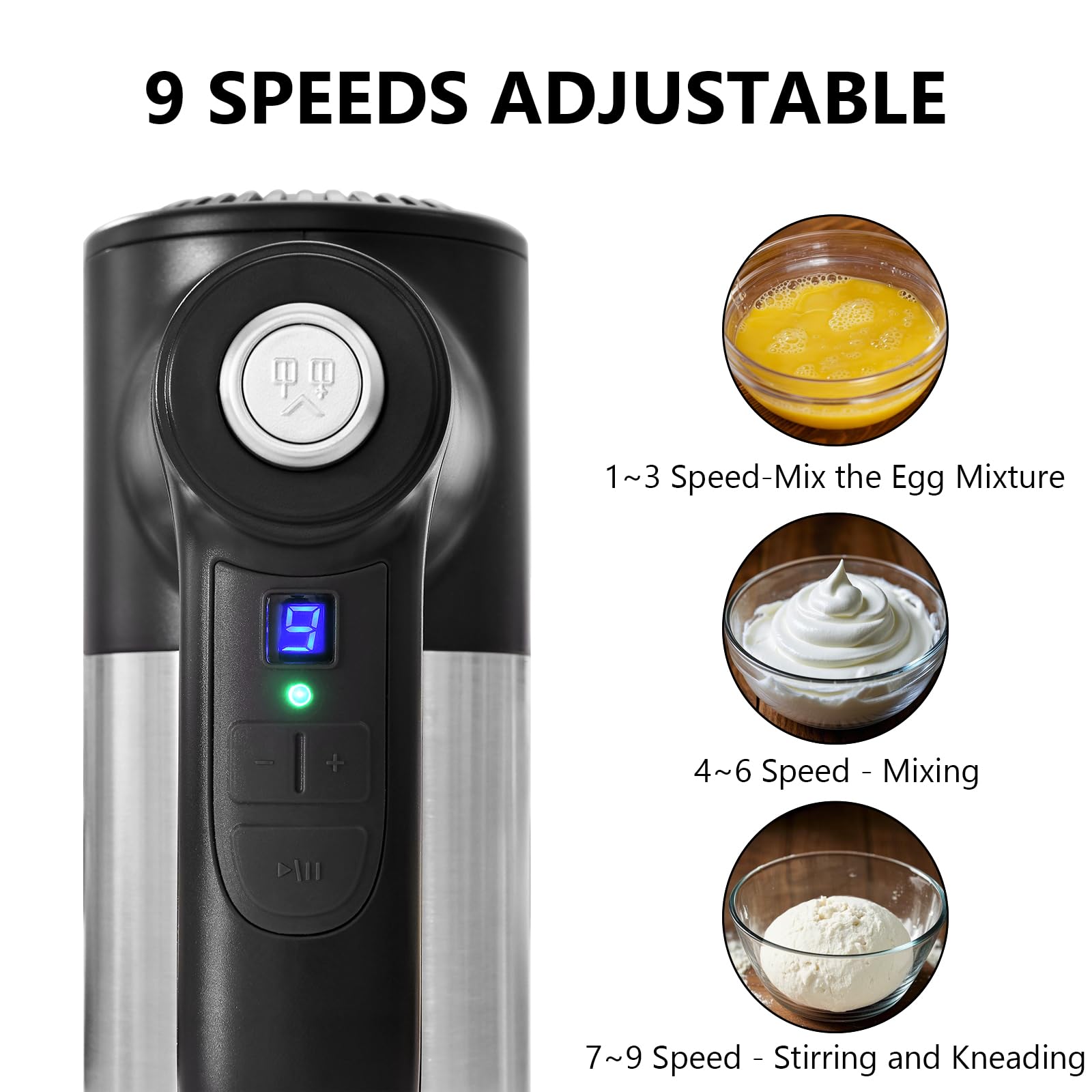 9-Speed Electric Hand Mixer with Storage Base, Whisk & Dough Hooks - 400W Powerful DC Motor, Digital Touch Control - Perfect for Baking Cakes, Cookies & Mixing Batters