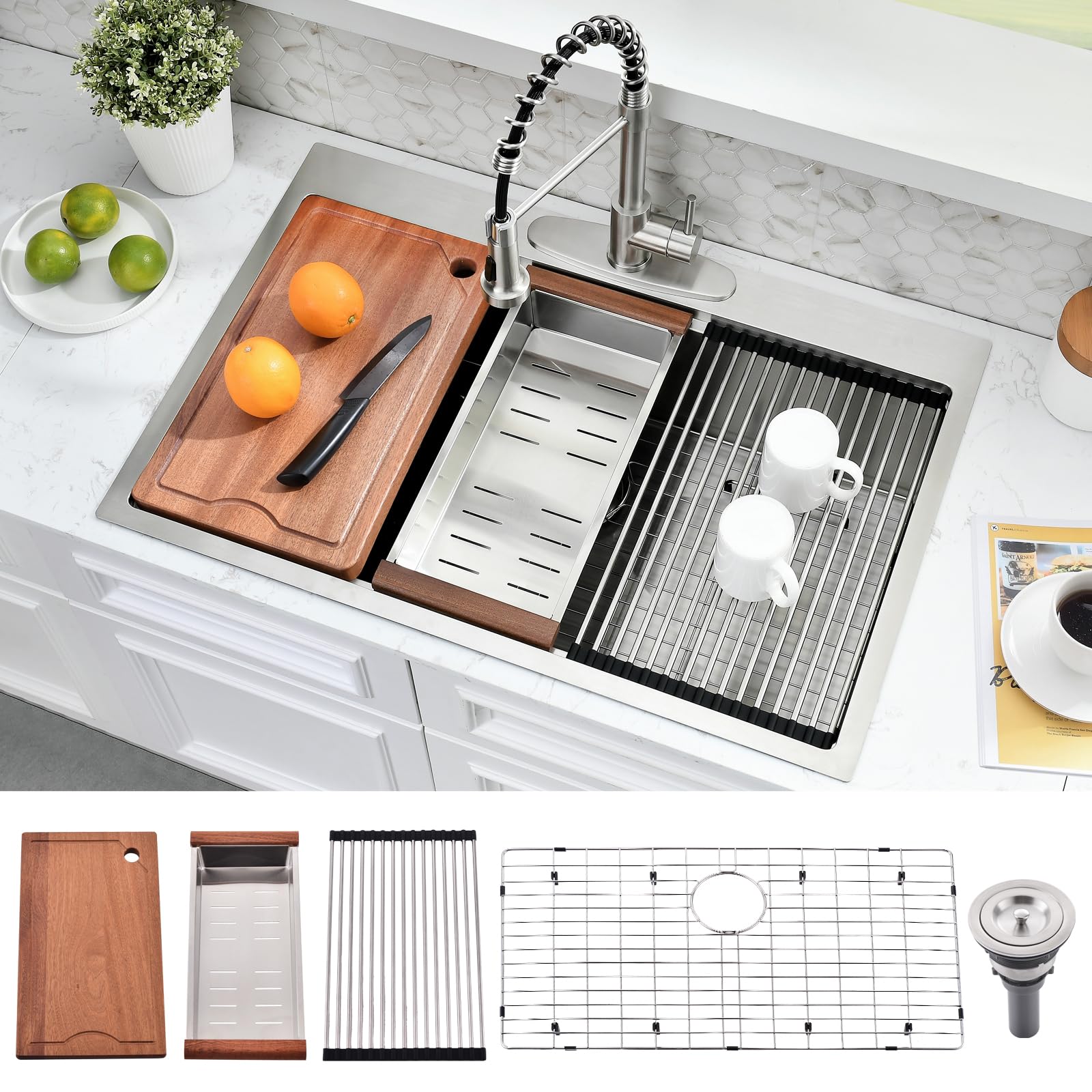 33x22 Inch Stainless Steel Drop-In Kitchen Sink - 16 Gauge Top Mount Workstation Sink with 10 Inch Deep Single Bowl & Ledge | Perfect for Modern Kitchens, Food Prep, and Dishwashing