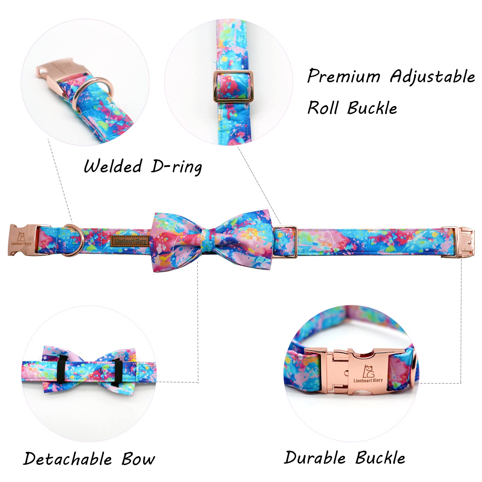 Lionheart Glory Dog Collar with Bow - Adjustable Colorful Pet Collar for Small Medium Large Dogs | Perfect for Daily Walks, Grooming, Photos & Special Occasions