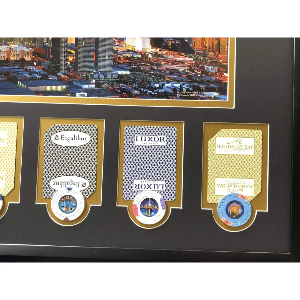 Authentic Las Vegas Hotel Casino Playing Cards & Poker Chips Collage - Framed Wall Art for Game Room Decor (Set of 10) - Perfect for Poker Lovers, Man Cave, and Casino Themed Home Decor