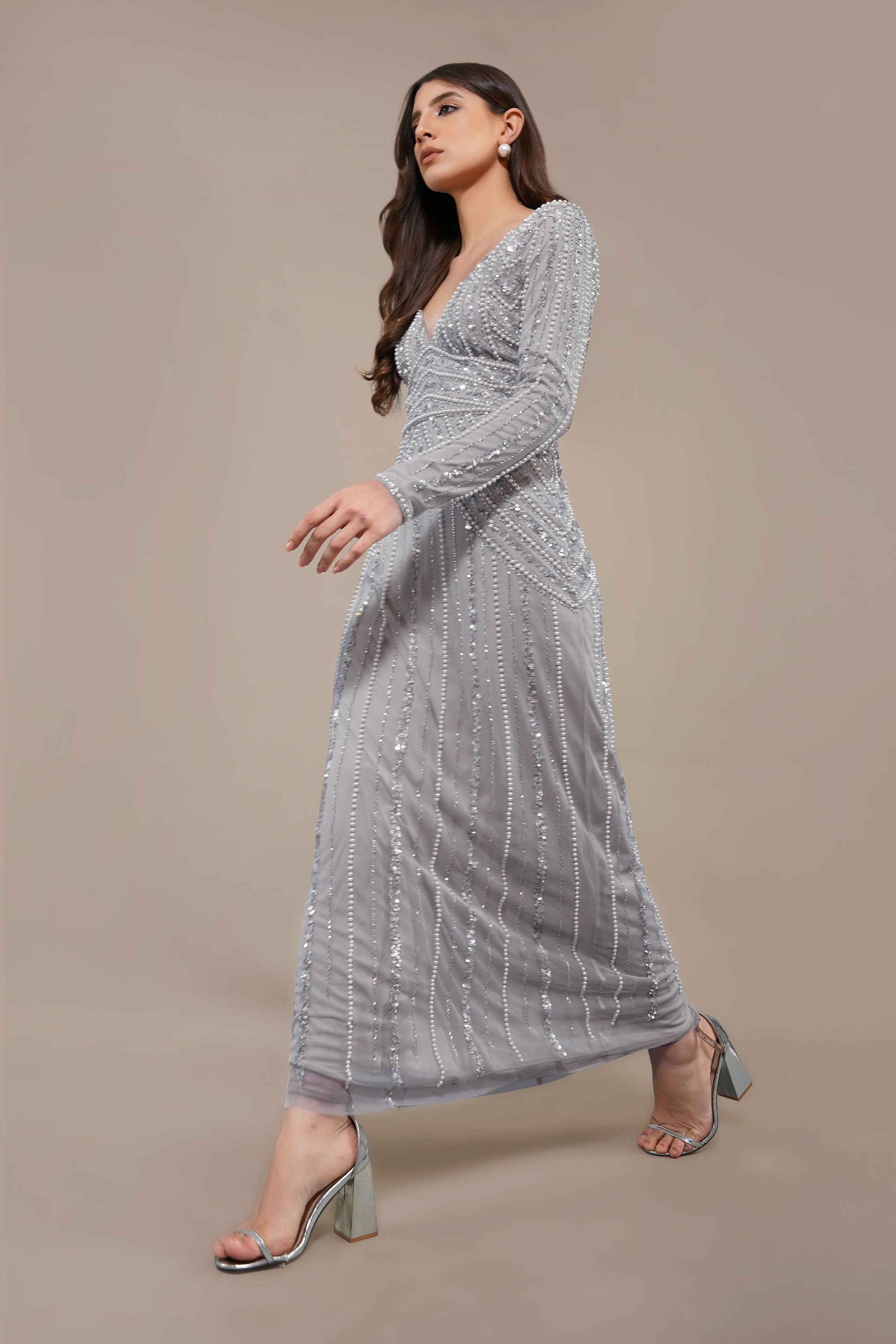 Elegant Light Grey Cordelia Embellished Maxi Dress for Women | Formal Evening Gown with Floral Details | Perfect for Weddings, Parties & Special Occasions