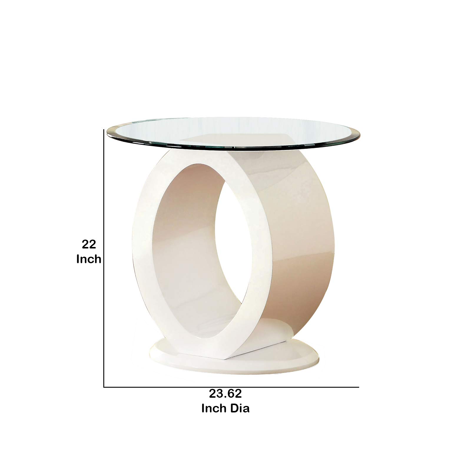 Benjara Modern White Tempered Glass End Table with O-Shaped Base - Perfect for Living Room, Bedroom, or Office Decor