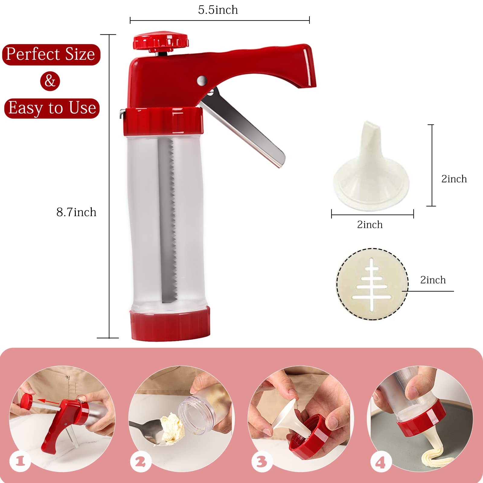 Premium Cookie Press for Baking - Spritz Cookie Maker with 6 Decorating Tips & 16 Discs - Thick Cookie Press Gun Kit for DIY Cookies, Cakes, Pastries - Perfect for Holiday Baking & Party Dessert Decorating (Red)