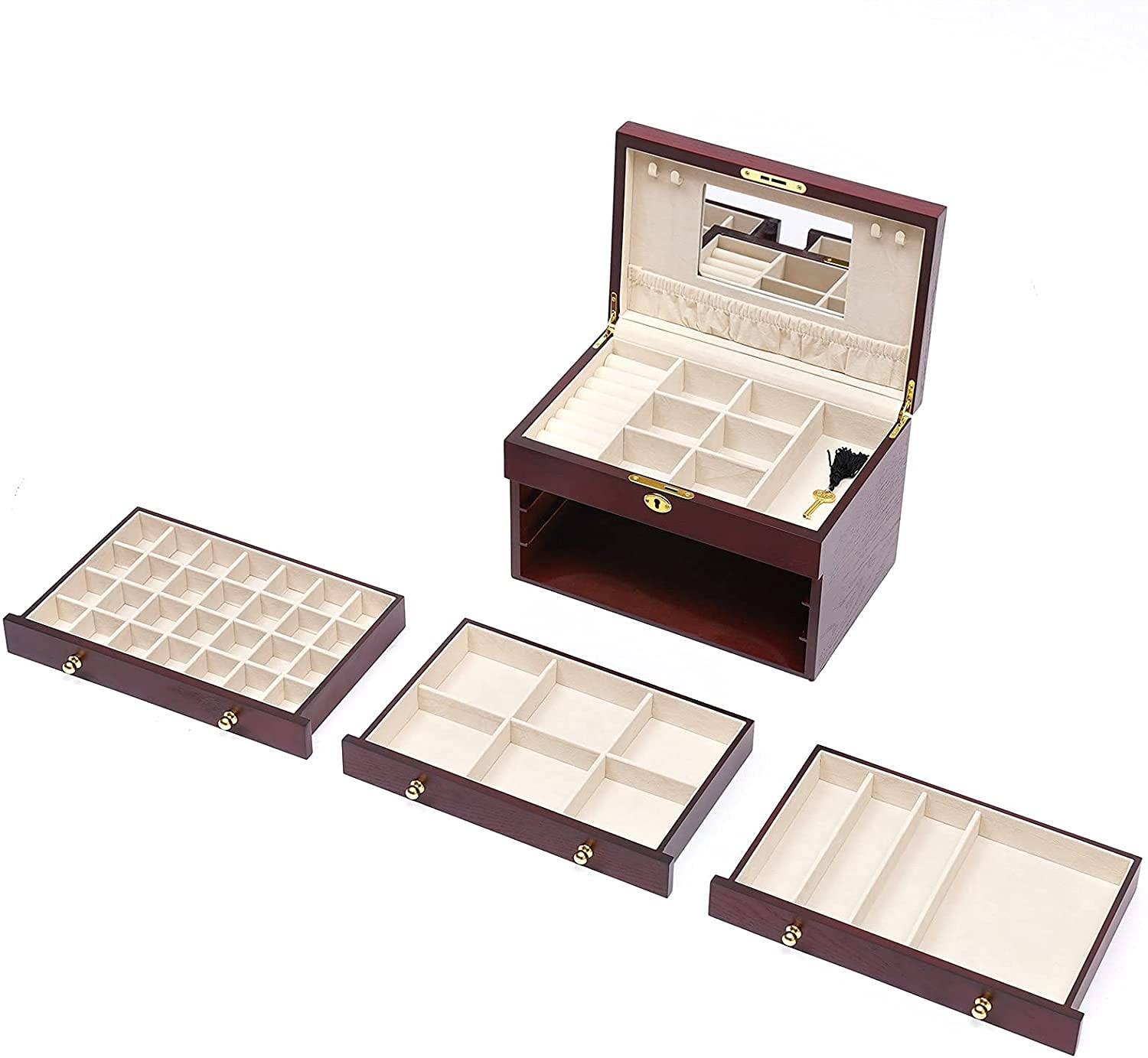 4-Layer Large Wooden Jewelry Box with Mirror & Lock - Jewelry Organizer for Watches, Earrings, Rings, Necklaces & Bracelets - Perfect for Travel, Home Storage & Gift Giving