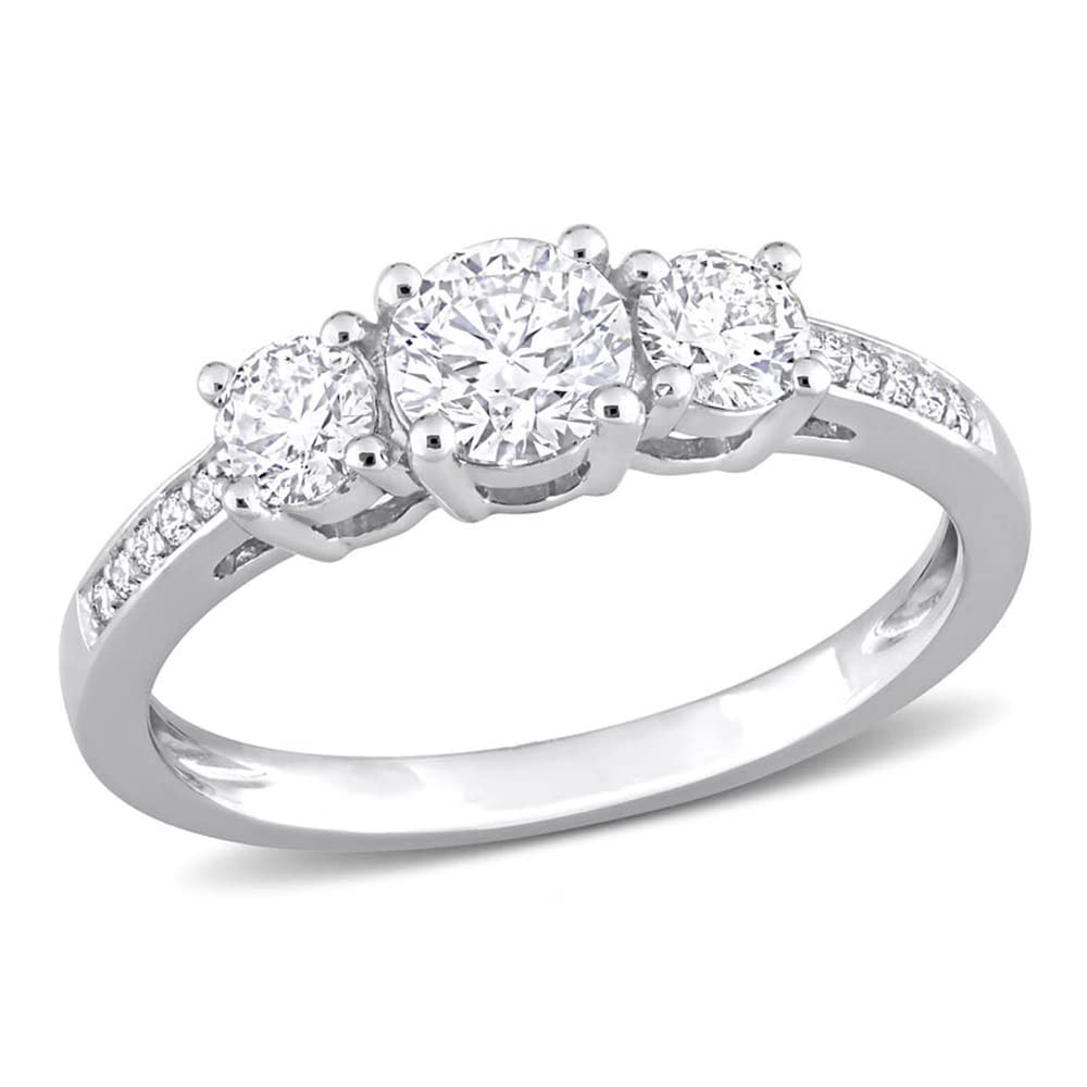 1.50 Carat Moissanite Three Stone Engagement Ring for Women - 10K/14K/18K White Gold or Platinum Plated Silver - Round Cut Wedding & Promise Ring - Size 4-12 - Perfect for Proposals, Anniversaries & Special Occasions