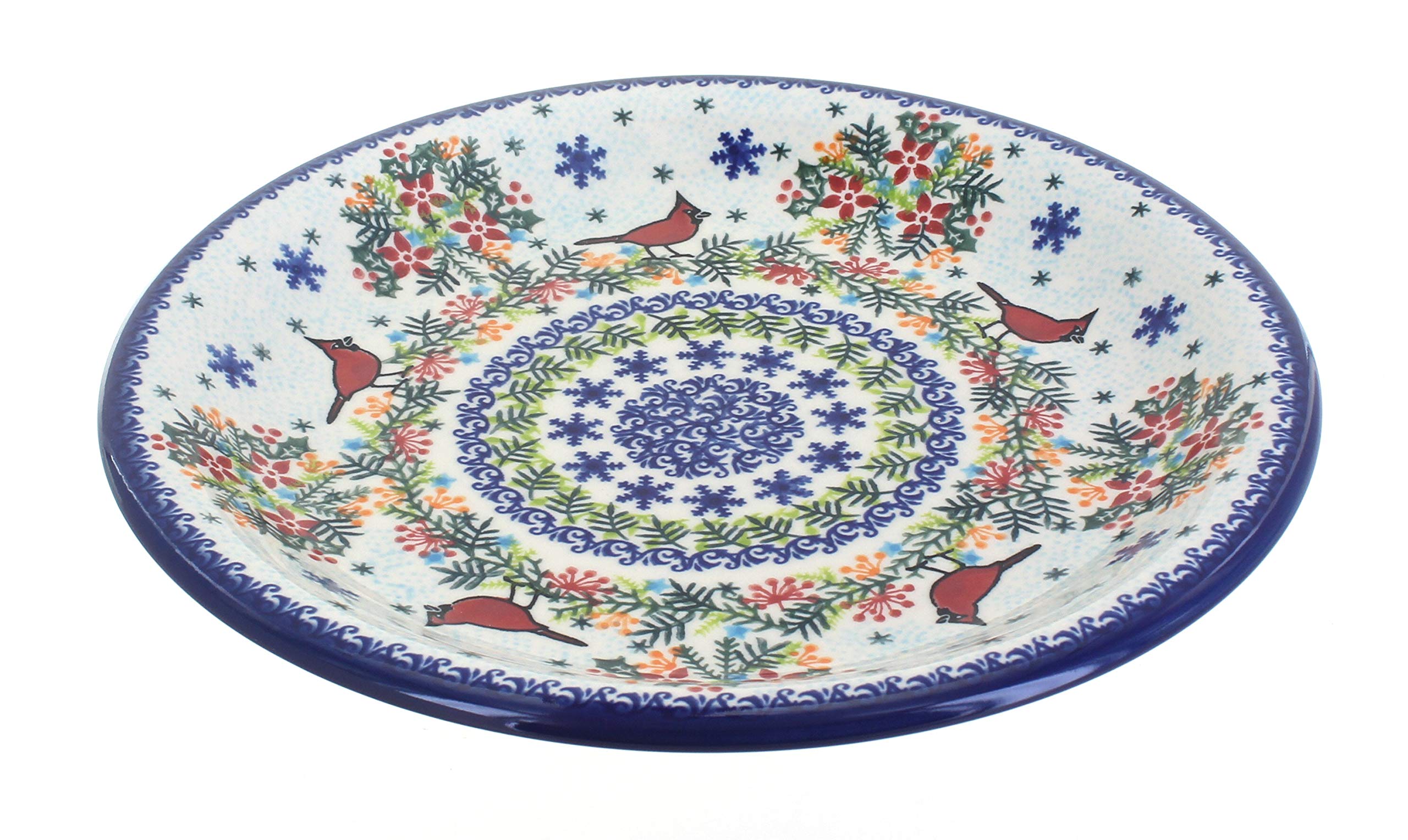 Blue Rose Polish Pottery Winter Cardinal Dinner Plate - Hand-Painted Ceramic Plate for Holiday Dining, Christmas Decor & Special Occasions