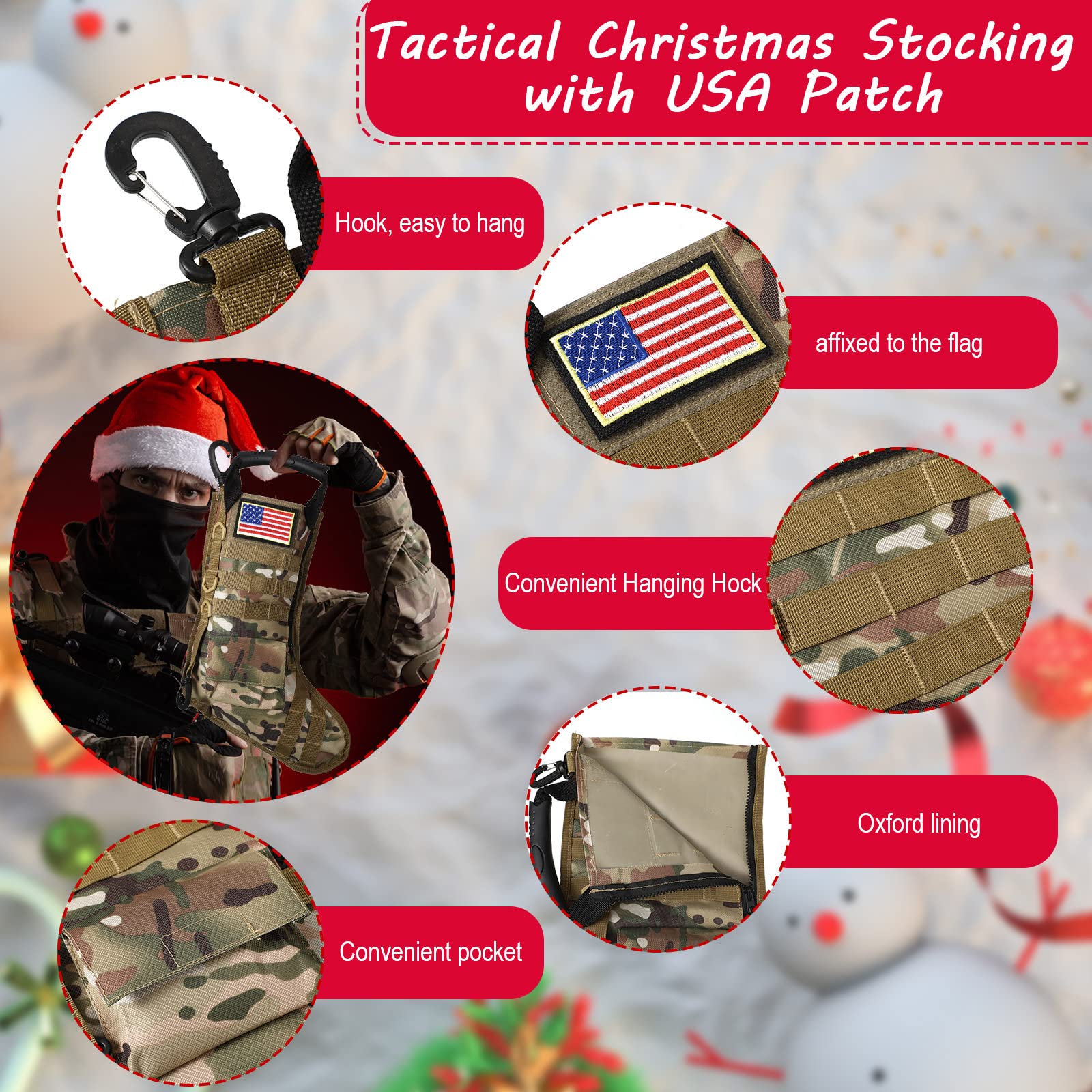 WILLBOND 2-Pack Tactical Military Christmas Stockings with American Flag Patches - MOLLE Compatible Gear Pouches for Holiday Decorations | Perfect for Xmas Tree Hanging, Fireplace Mantel Decor & Military-Themed Home Decor (Classic Style)