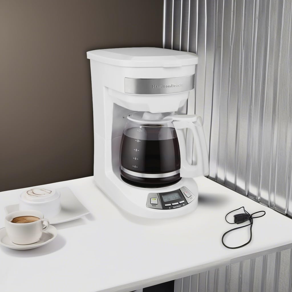 Hamilton Beach 12 Cup Programmable Drip Coffee Maker - 3 Brew Options, Glass Carafe, Auto Pause & Pour - White (46294) | Perfect for Home, Office & Entertaining