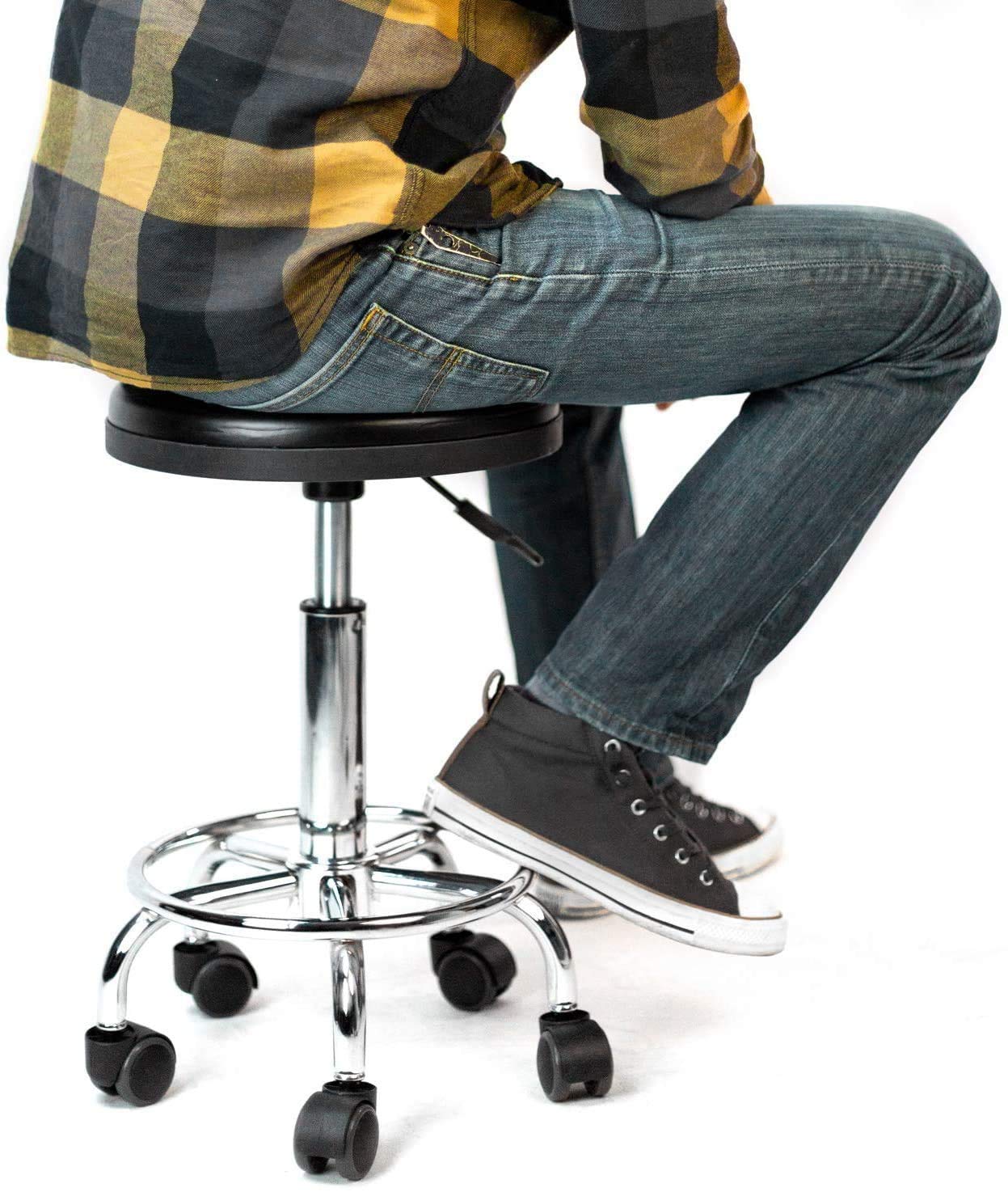 Adjustable Swivel Rolling Stool Chair with Wheels - Round Saddle Drafting Stool for Office, Salon, or Kitchen - US Stock (Black, Backless) - Perfect for Bar Counters, Workstations & Home Use