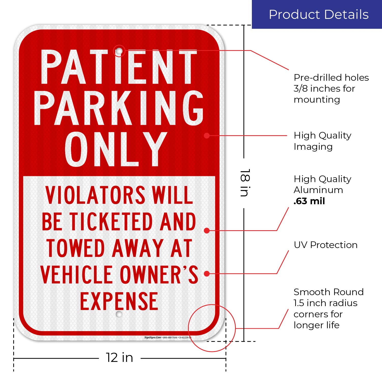 Patient Parking Only Sign - 12x18 Inches Reflective Aluminum Board - 3M EGP .063 Fade Resistant - Easy Mount Indoor/Outdoor Use - Made in USA - Perfect for Hospitals, Clinics & Accessible Parking Areas