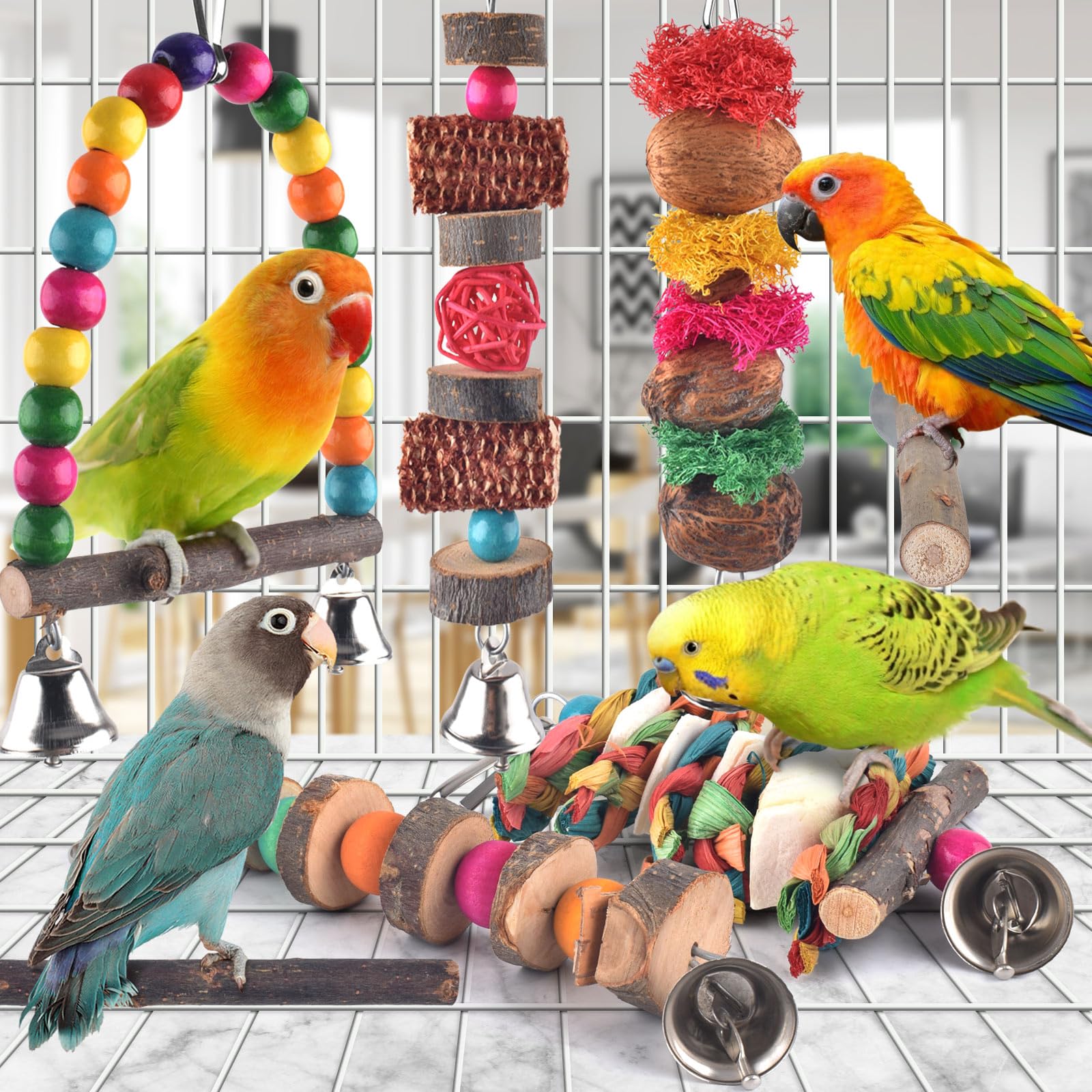 **7 Pack Bissap Bird Chew Toys - Natural Wood Parrot Hanging Cage Toys, Perch Stand for Small Birds - Conure, Cockatiel, Parrotlet, Lovebird, Budgie - Perfect for Cage Enrichment & Playtime**