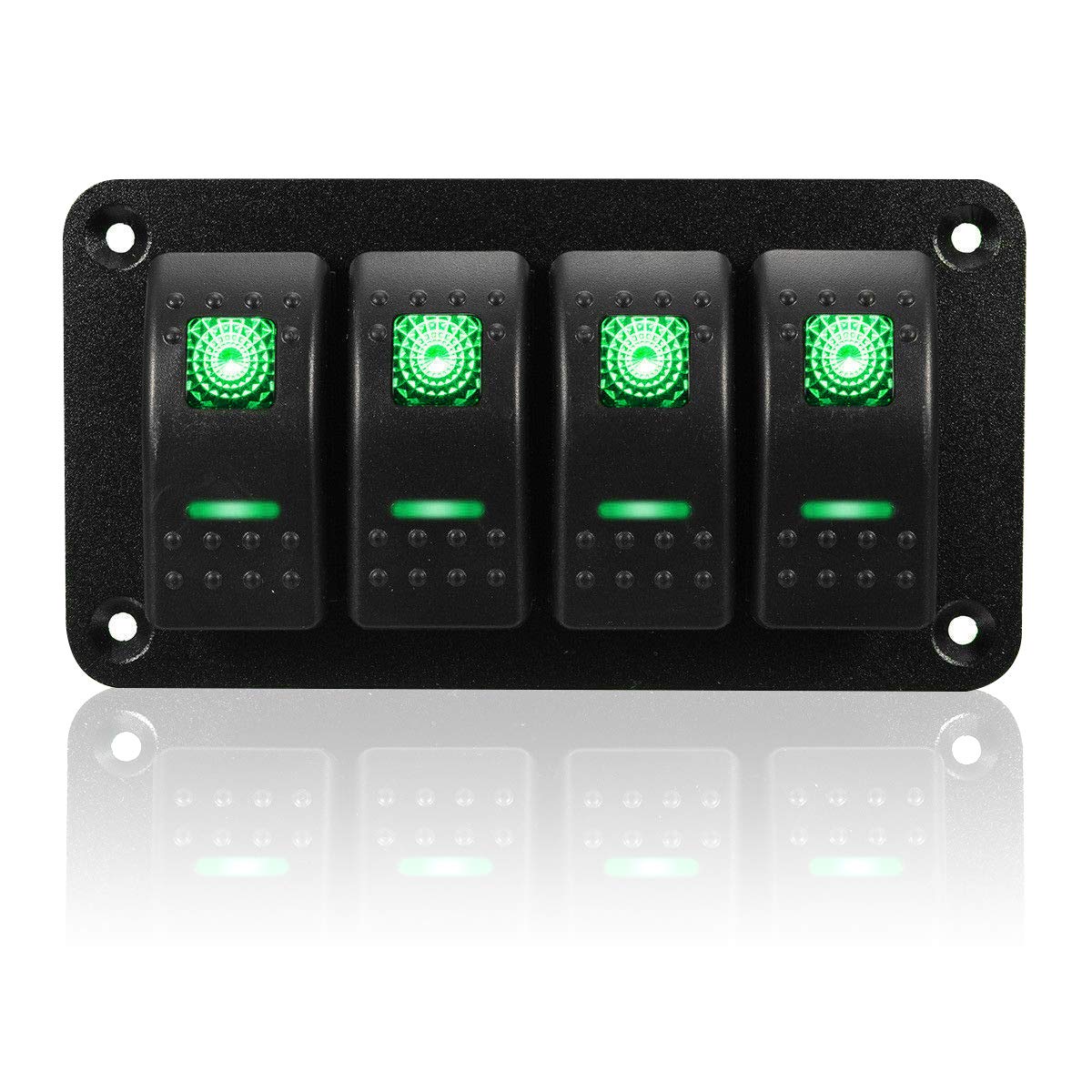 4 Gang Green Rocker Switch Panel - 12V Waterproof On/Off Toggle Switch for Trucks, Marine Boats, RVs & Cars - Perfect for Light Bars, Off-Road Vehicles & Custom Electrical Systems