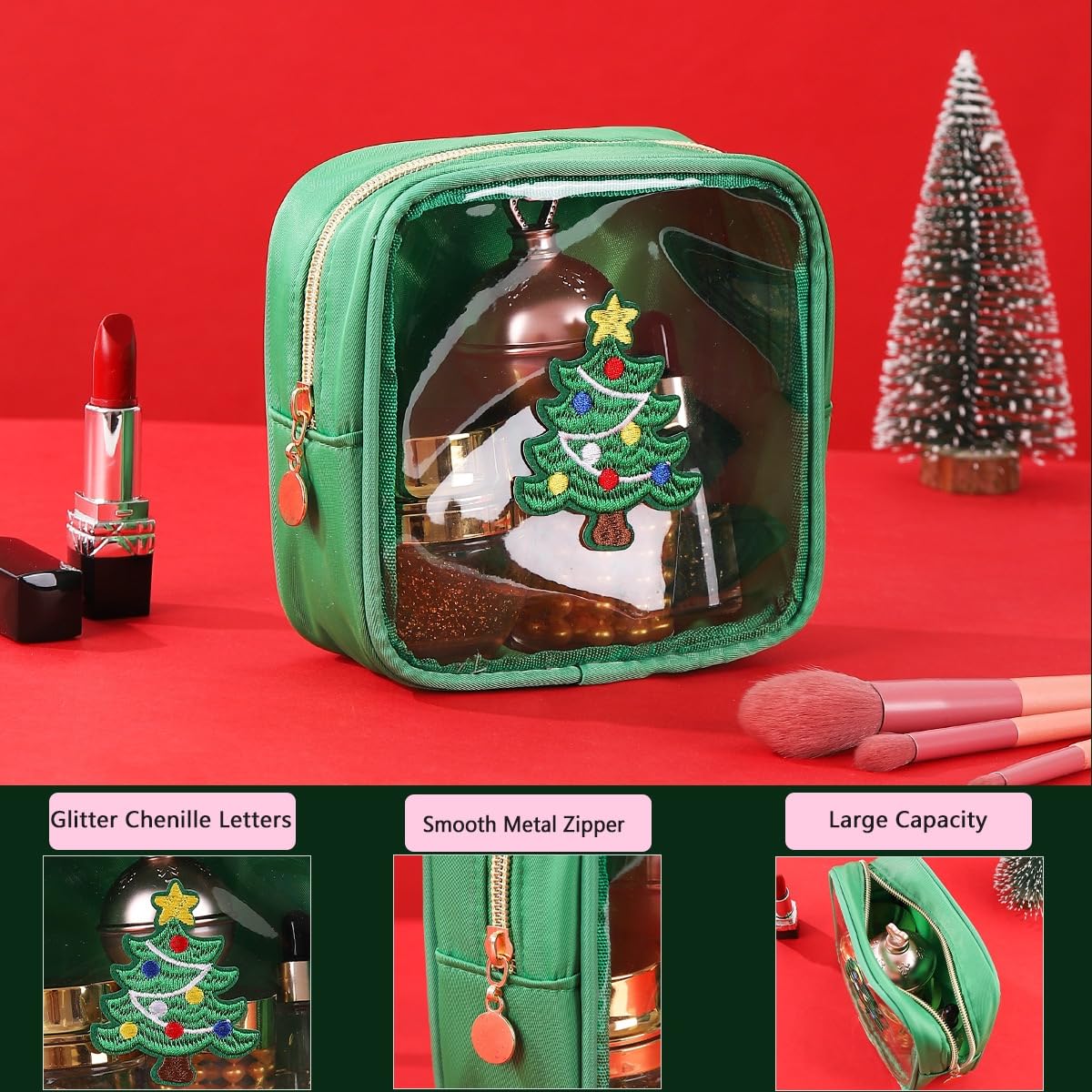 2 Pcs Christmas Makeup & Snack Bags with Zipper - Waterproof Clear Travel Toiletry Storage for Women | Holiday Gifts & Travel Essentials