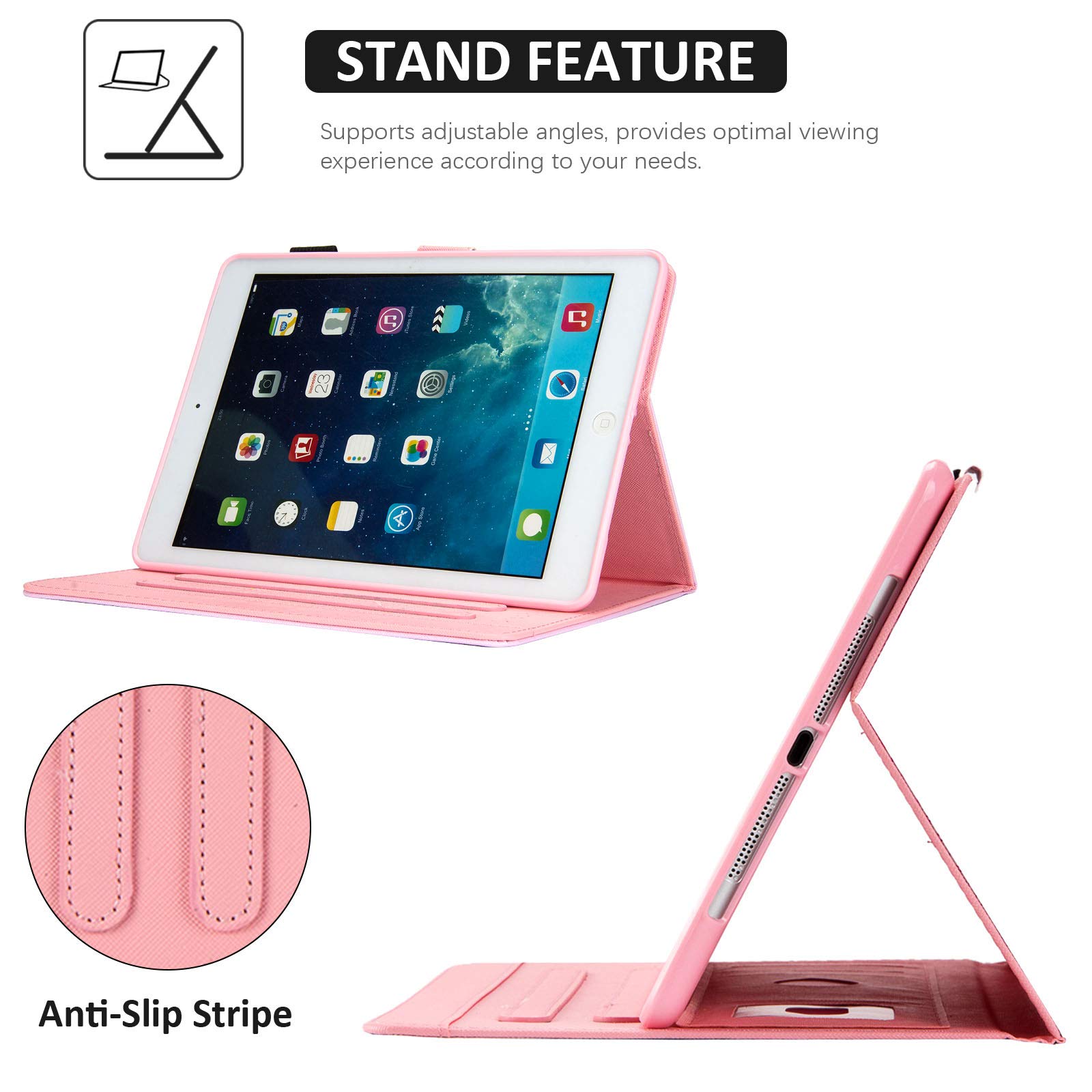 Dteck iPad 9.7 Case (2017/2018) & iPad Air 2/Air Case - Premium PU Leather Smart Cover with Auto Wake/Sleep, Adjustable Stand & Soft Rubber Back - Strawberry Color - Perfect for Work, Travel & Home Use