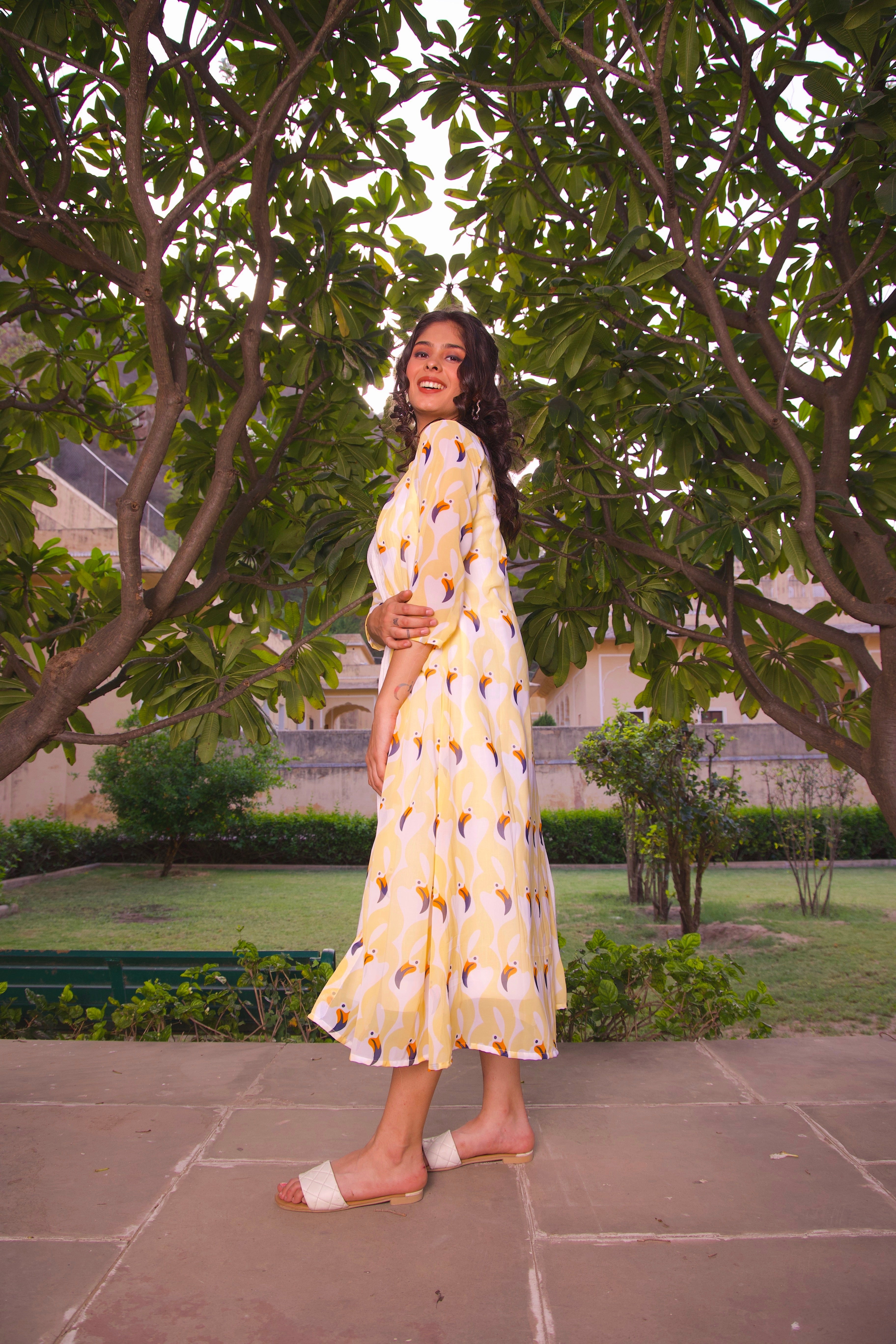 Stylish Yellow Printed Jacket & Maxi Dress Set for Women - Trendy Spring/Summer Outfit for Beach, Party & Casual Wear