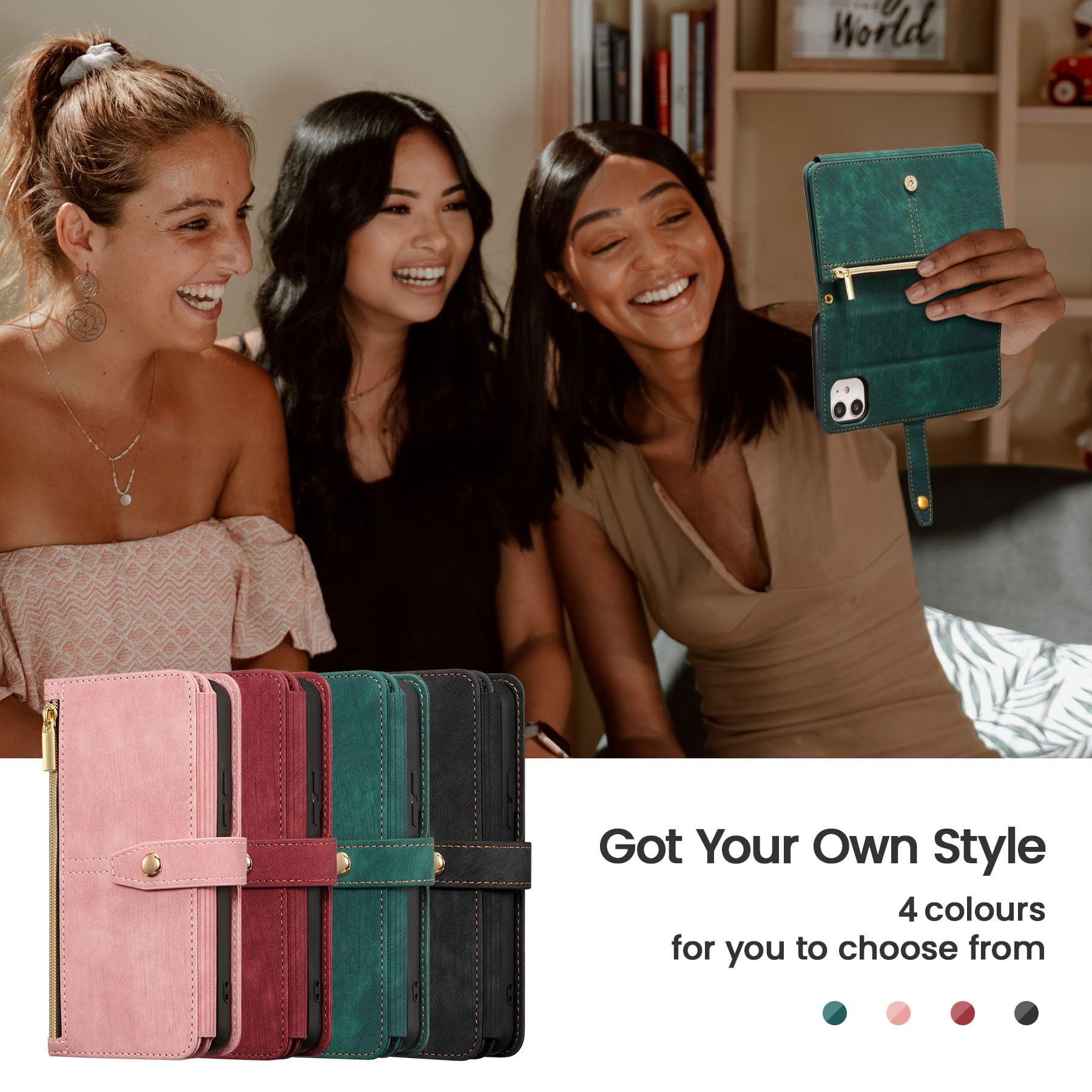 Premium Zipper Leather Wallet Case for iPhone X/Xs - Flip Cover with Wrist Strap & Card Slots, Green | Perfect for Daily Use, Travel & Hands-Free Convenience