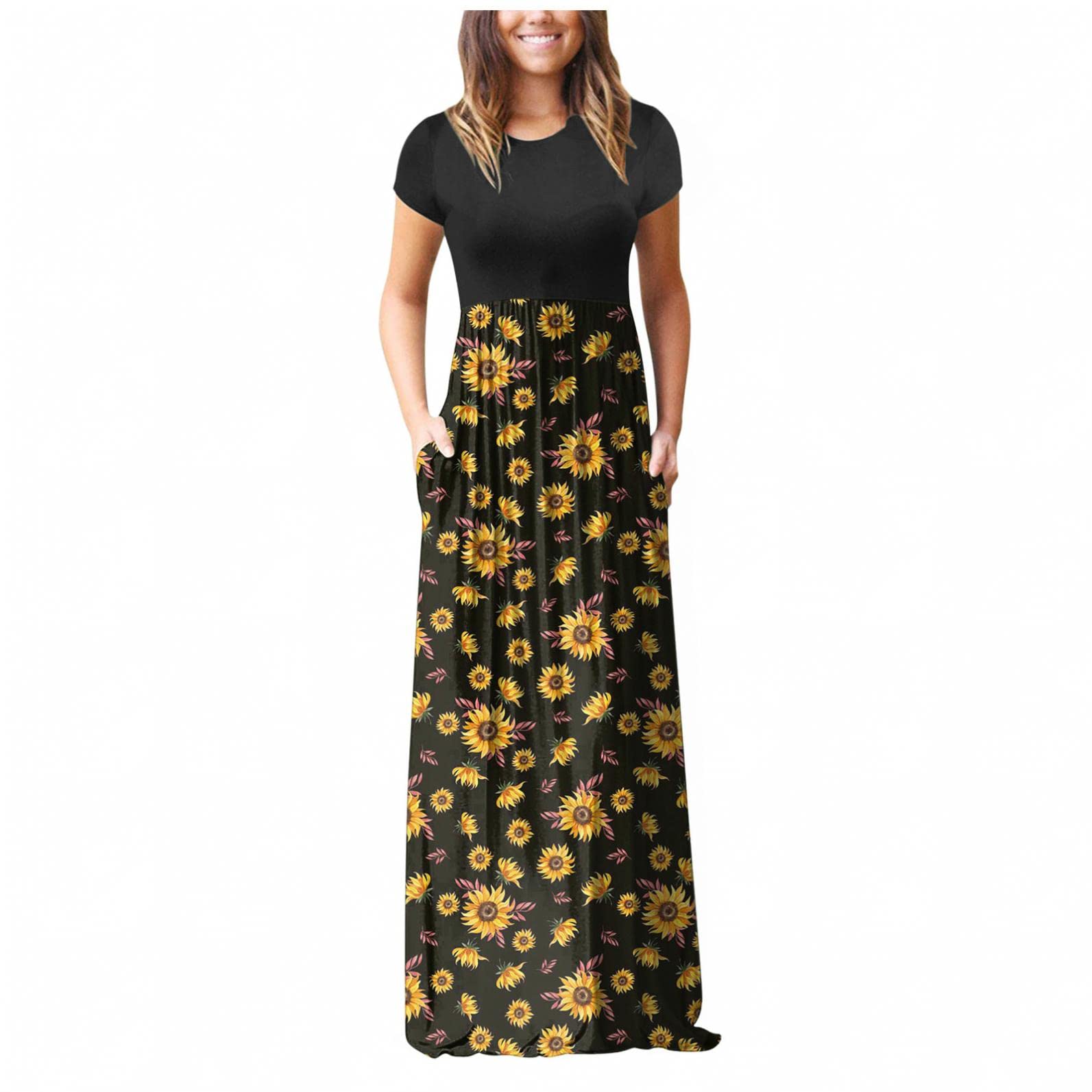 FABIURT Women's Casual Floral Printed Maxi Dress - Short Sleeve Crew Neck Loose Fit Long Dress with Pockets | Perfect for Summer, Beach, Vacation & Everyday Wear