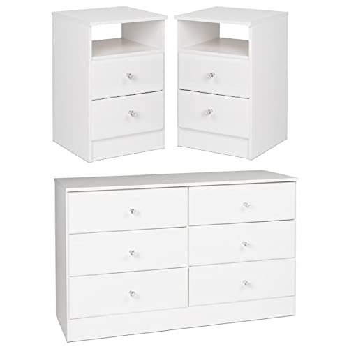 Home Square White 3-Piece Bedroom Set - 2 Nightstands & 6-Drawer Double Dresser | Modern Bedroom Furniture for Master & Guest Rooms