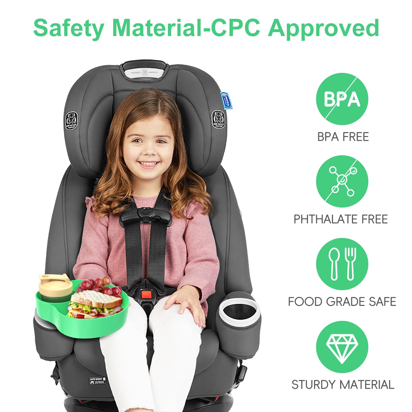 Best Kids Car Seat Travel Tray - Portable Snack Tray for Toddlers with 2 Cup Holders | Baby Stroller Feeding Tray for Road Trips & Airplane Travel | Essential Travel Accessories for Parents (Green)