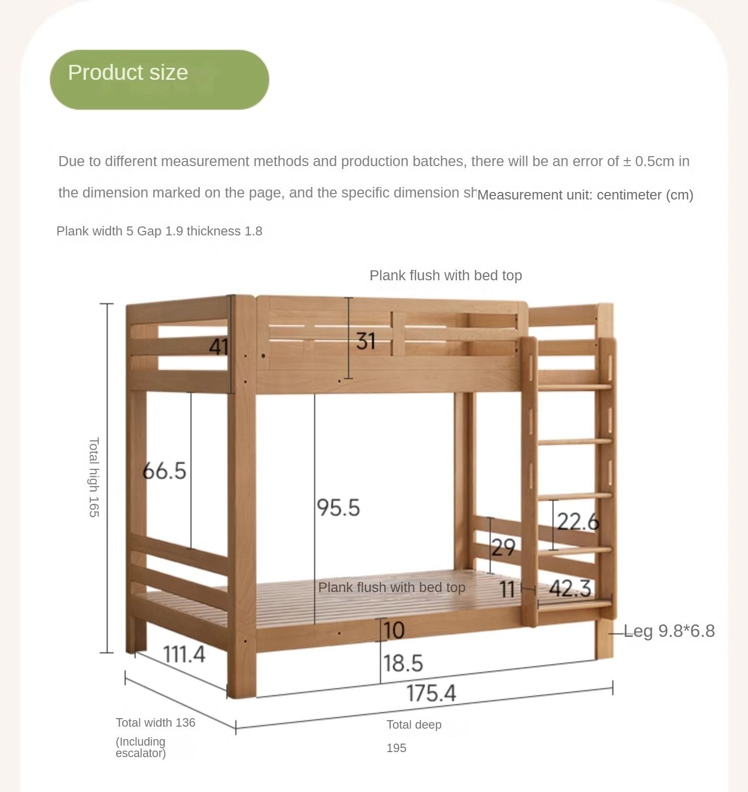 Solid Wood Bunk Bed - Beech & Birch Twin/Full Size - Space-Saving Kids & Guest Room Furniture for Small Bedrooms & Vacation Homes