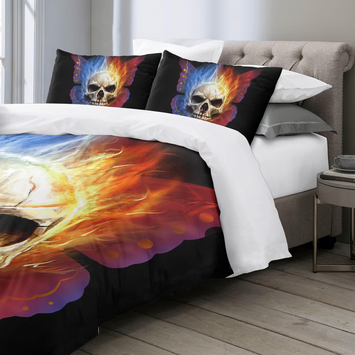 Sleepwish Skull Print Full Size Bedding Set for Boys - Fire Themed Duvet Cover with 2 Matching Pillowcases (Blue & Orange) - Perfect for Teen Bedrooms, Dorm Rooms & Gothic Decor