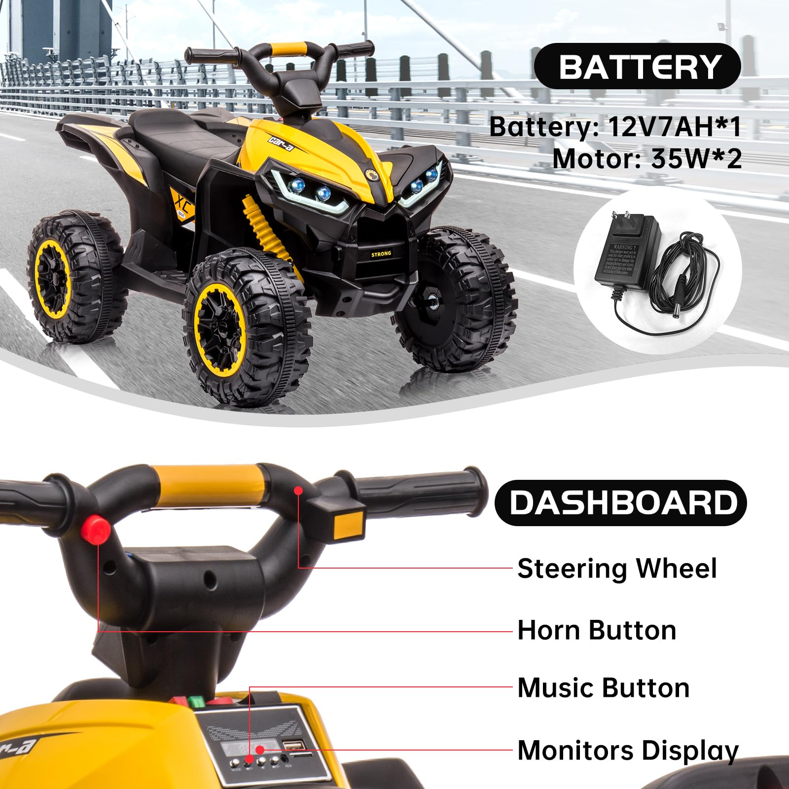12V Kids Electric ATV Ride-On Toy - 4 Wheeler Battery Powered Quad Vehicle with Music, Horn, LED Lights & Dual Speed - Safe Soft Start for Boys & Girls Ages 3-8 - Perfect Birthday Gift & Outdoor Play Toy (Yellow)