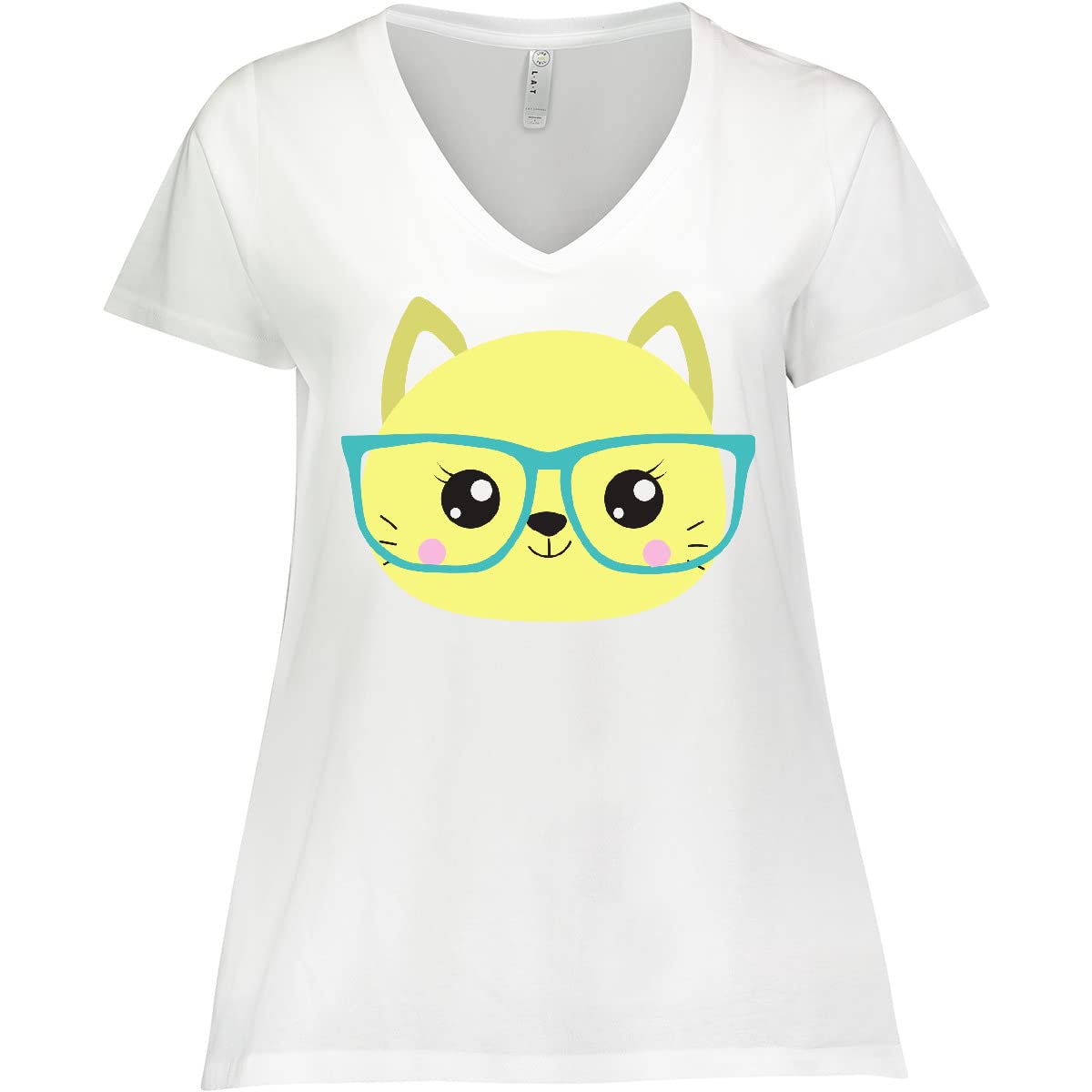 Inktastic Hipster Cat with Glasses - Cute Cat Graphic Women's Plus Size V-Neck T-Shirt - Perfect for Casual Wear, Cat Lovers & Funny Gift Ideas