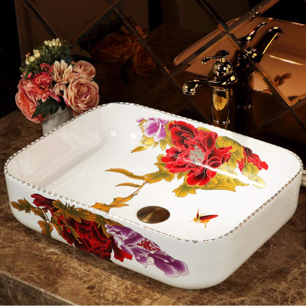 Premium Rectangular Ceramic Vessel Sink with Peony Design - Handcrafted Jingdezhen Countertop Bathroom Basin for Modern Vanity & Powder Room Decor