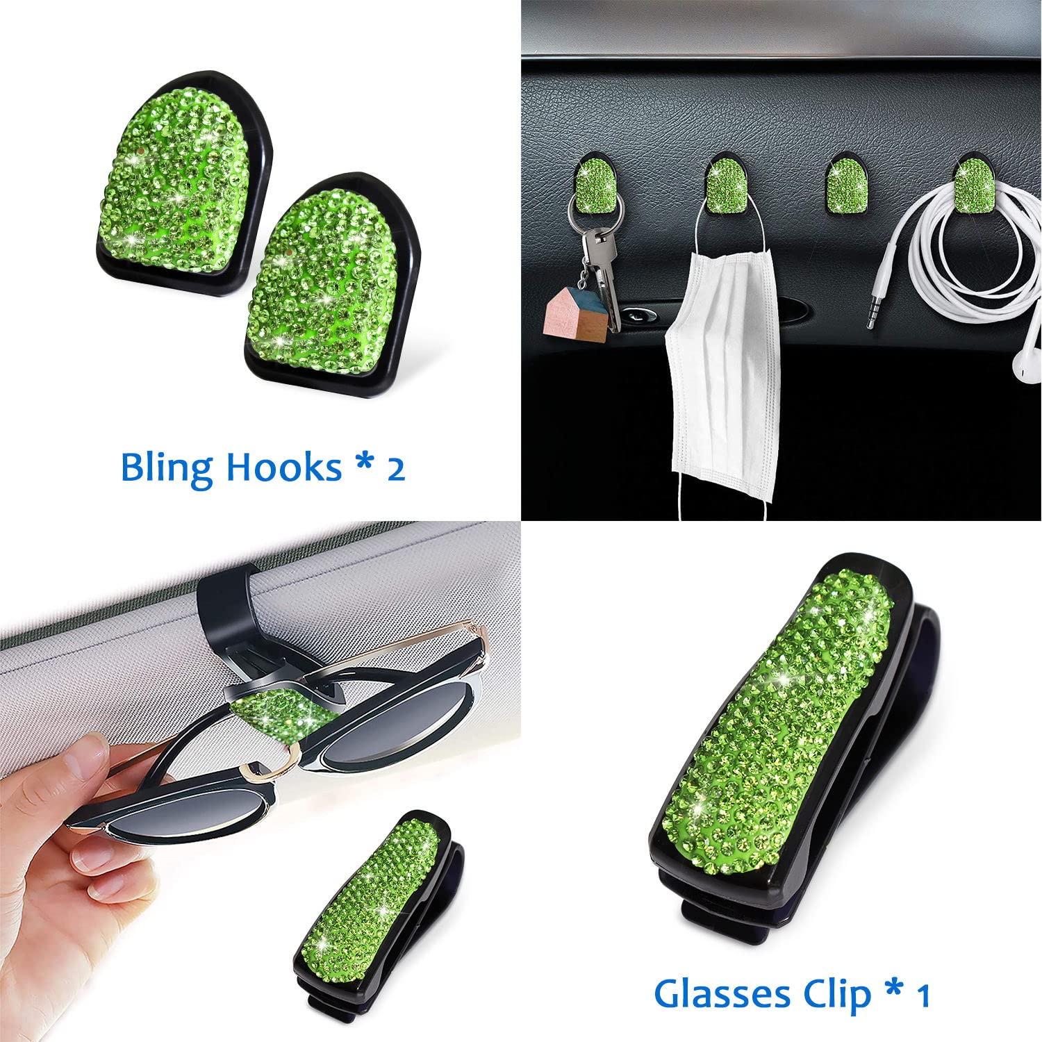 15-Piece Green Rhinestone Car Accessories Set for Women - Crystal Bling Decor, Headrest Rings, Charger, Hooks, Tire Caps & Coasters | Perfect for Car Interior Styling & Gift Giving