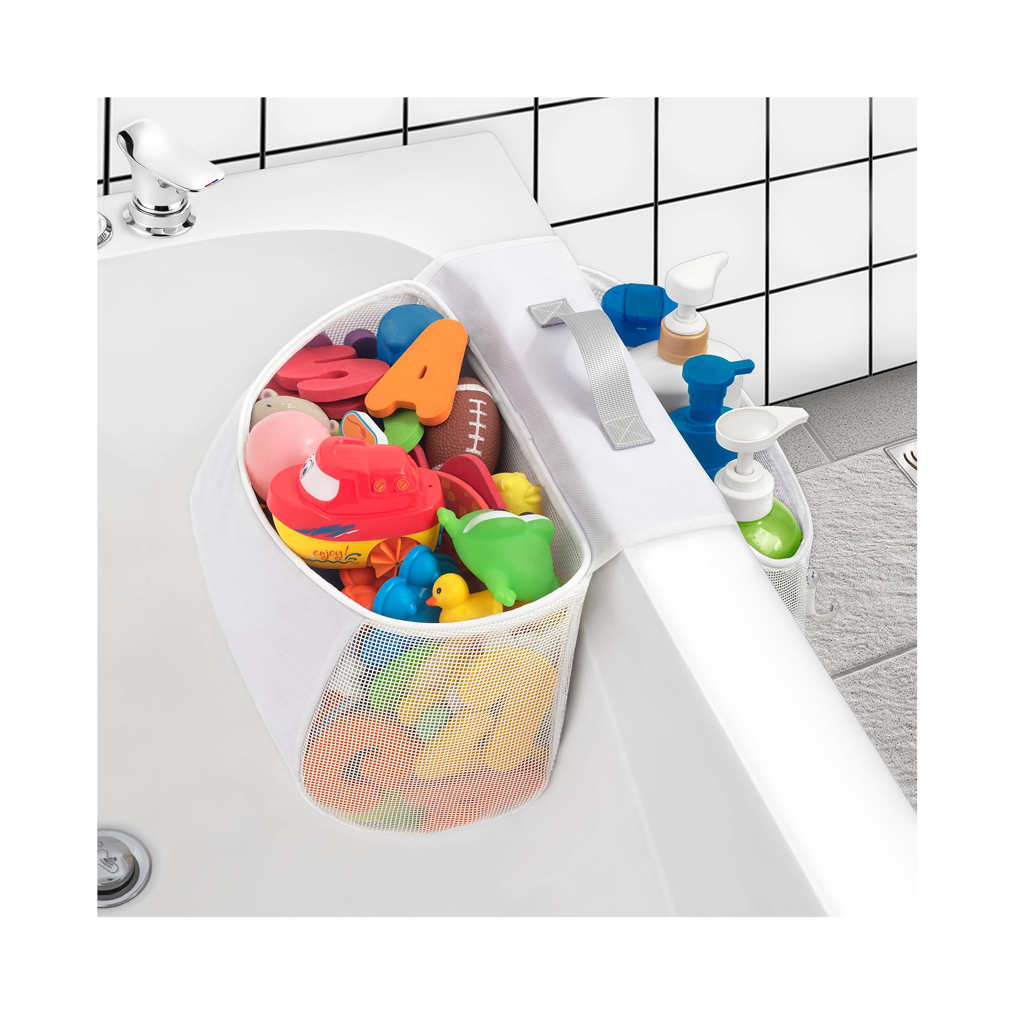 2-Compartment Mesh Bath Toy Organizer - Saddle-Shaped Shower Storage Holder with Wide Opening for Easy Kids Access | Perfect for Drying, Organizing & Storing Bath Toys in Tub or Shower