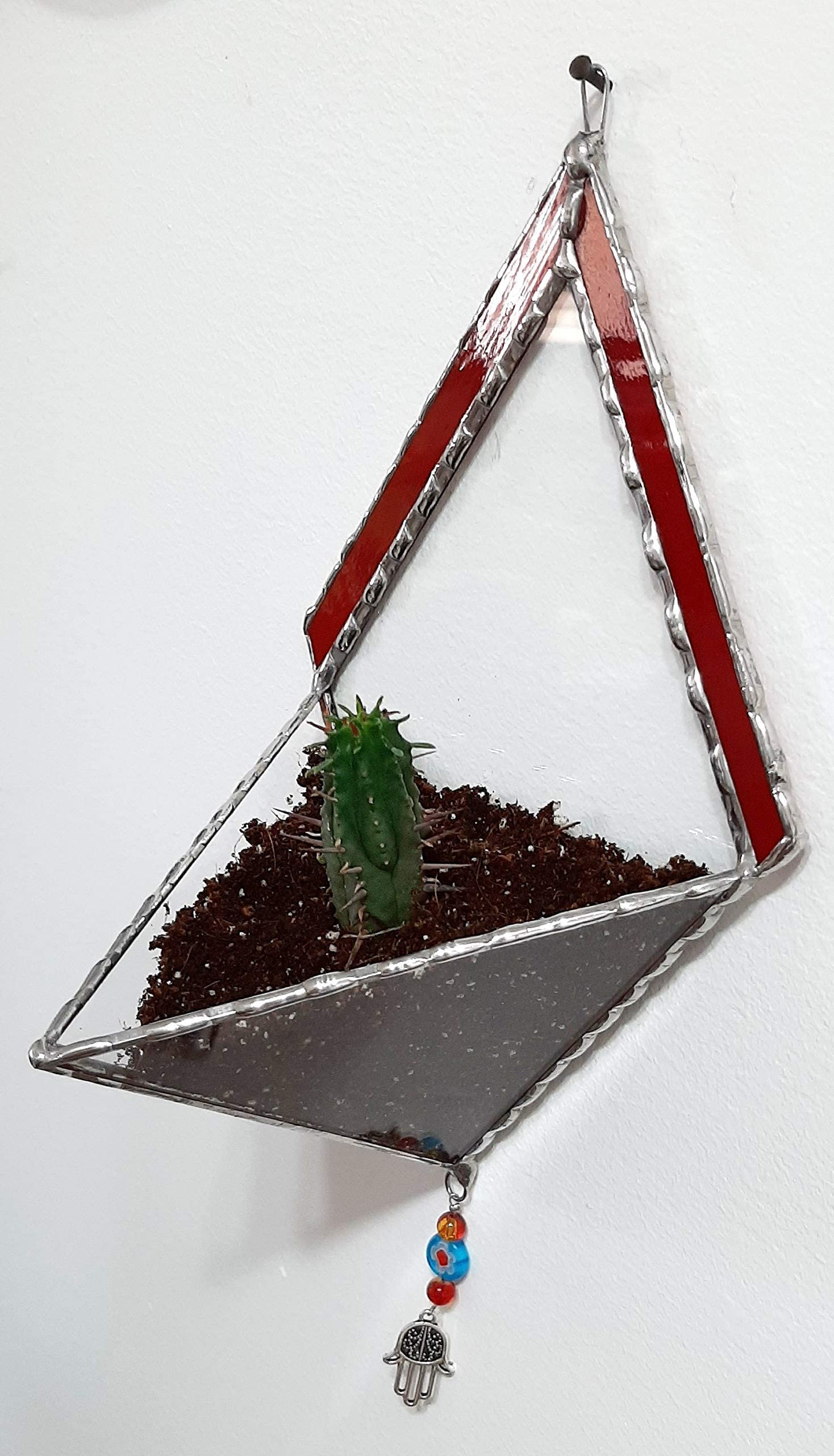 Transparent Diamond-Shaped Stained Glass Terrarium with Red Frame - Indoor Planter for Succulents, Air Plants & Home Decor | Perfect for Gardening, Office Desk & Unique Gift Ideas