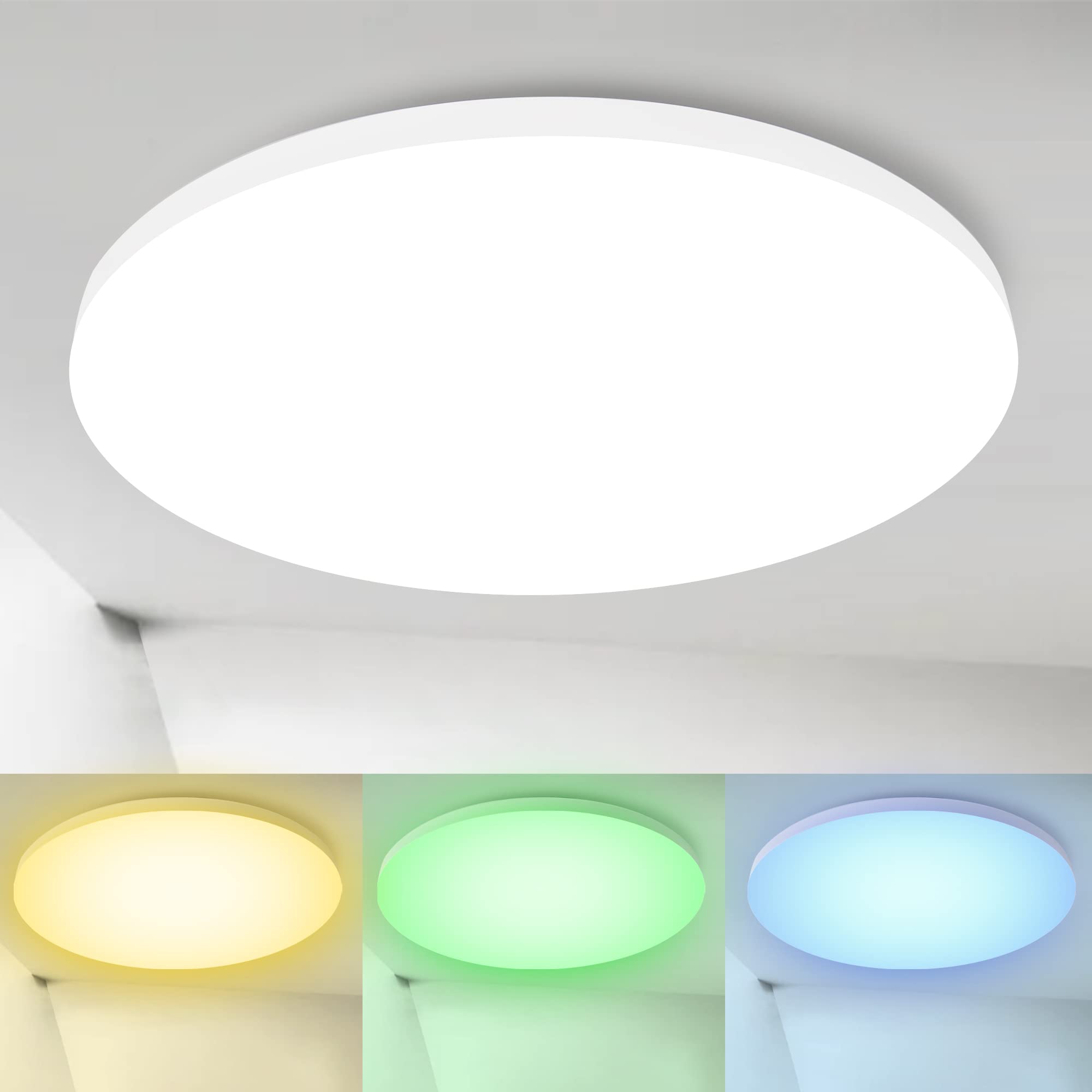 Castanay 24W 12-inch Round LED Ceiling Light Fixture - Smart Dimmable Color Changing Flush Mount with Remote Control - White - Perfect for Bedroom, Living Room, Kitchen & Indoor Spaces