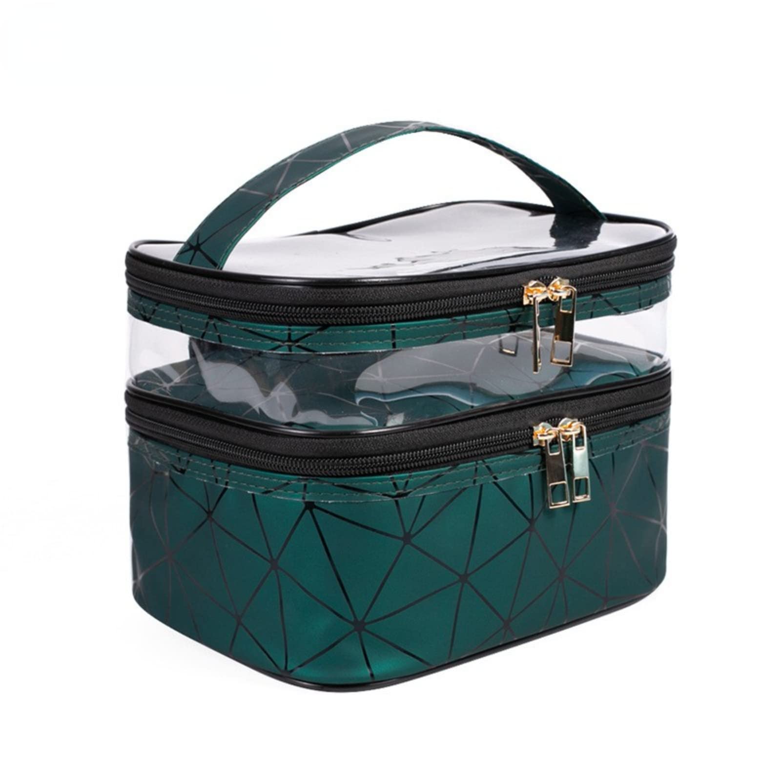 Leather Double Layer Large Makeup Organizer Bag for Women - Travel Toiletry & Cosmetic Case with Clear Compartments (Diamond Green) | Perfect for Travel, Dorm Room Essentials & Daily Beauty Storage