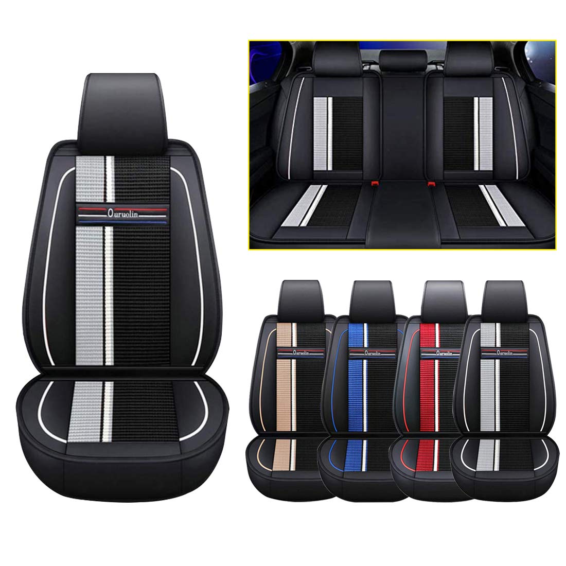 Custom Car Seat Covers - Waterproof & Breathable PU Leather for 95% Vehicle Models (5-Seat Full Set, Front & Rear) - Black/White | Perfect for Road Trips, Daily Commute & Car Protection