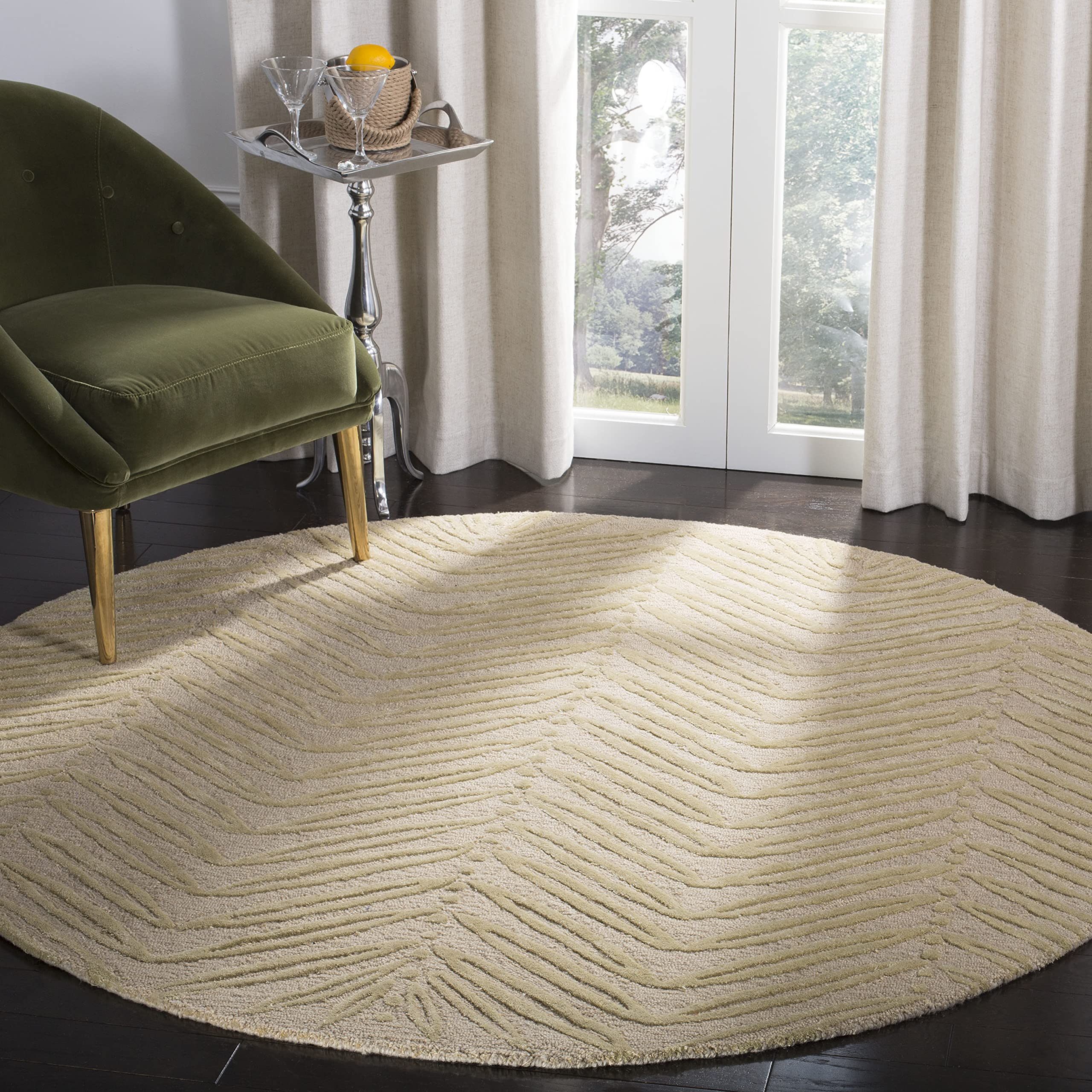 MARTHA STEWART x SAFAVIEH 6-Foot Round Oolong Tea Green Area Rug MSR3612B - Handmade Chevron Leaves Design with Wool & Viscose Blend - Perfect for Living Room, Bedroom or Dining Room Decor